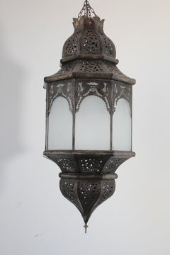 Moroccan Moorish Hanging Metal Lantern with Milky Glass