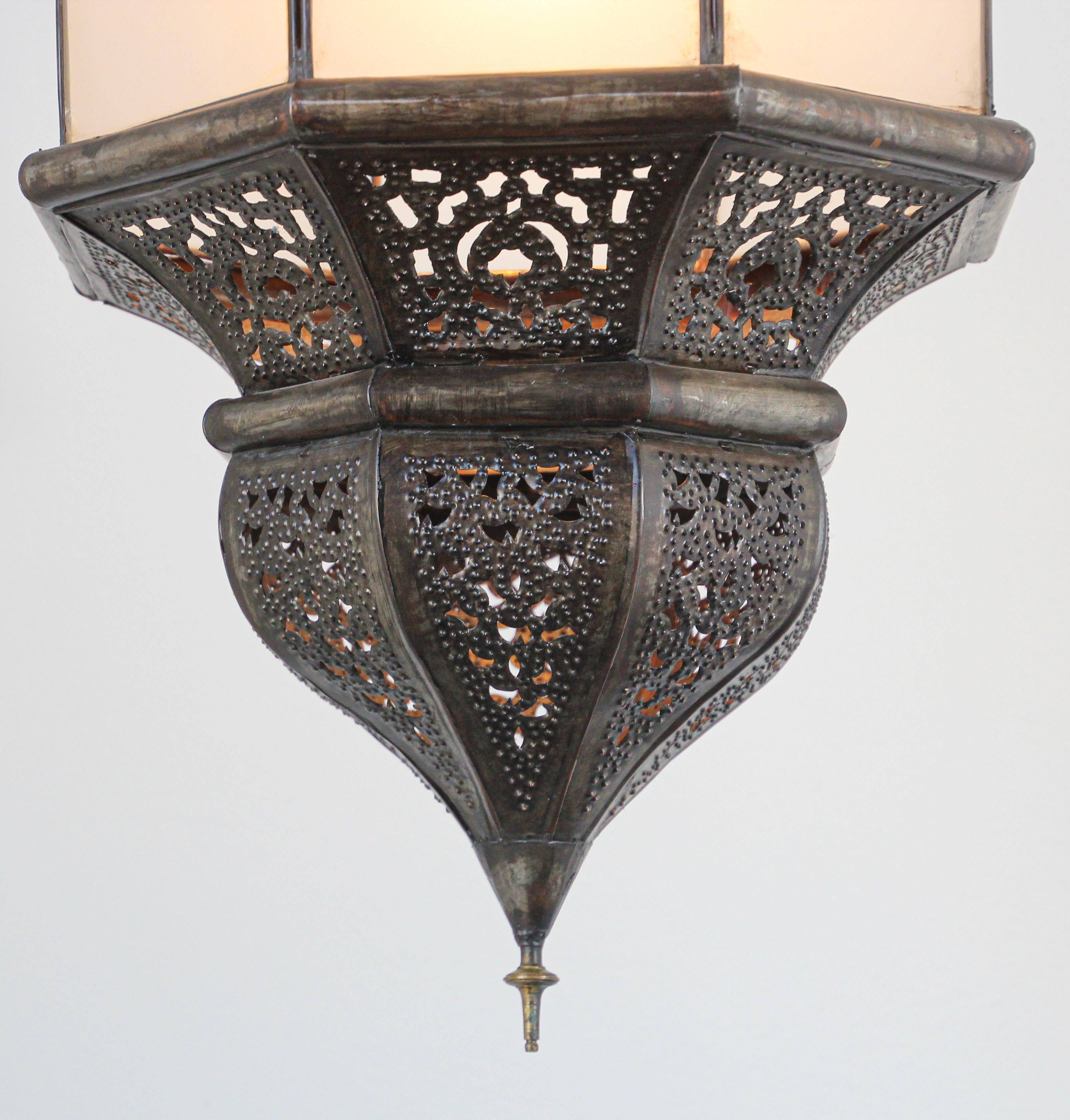 Hand-Crafted Moroccan Moorish Hanging Metal Lantern with Milky Glass For Sale