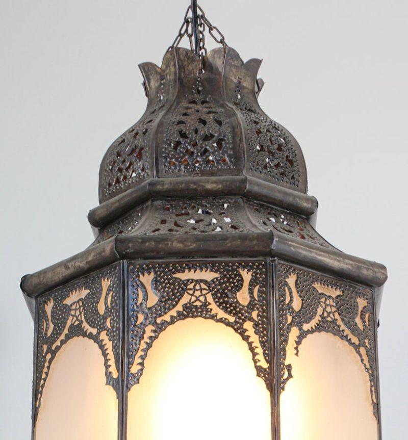 Moroccan Moorish Hanging Metal Lantern with Milky Glass In Good Condition For Sale In North Hollywood, CA