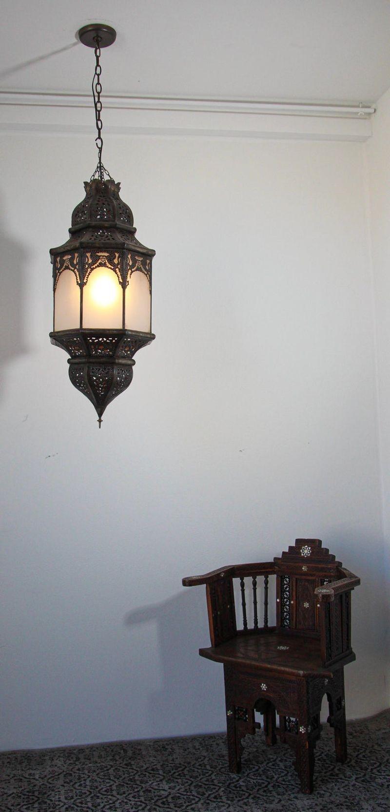 Moroccan Moorish Hanging Metal Lantern with Milky Glass For Sale 2