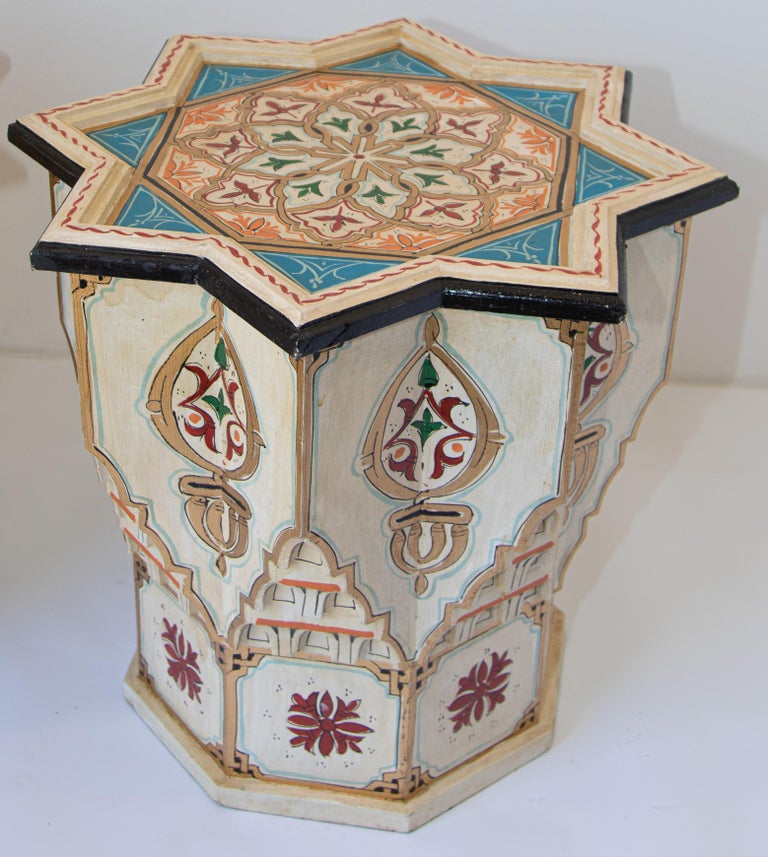 Hand-Painted Moroccan Moorish Ivory Side Tables a Pair For Sale