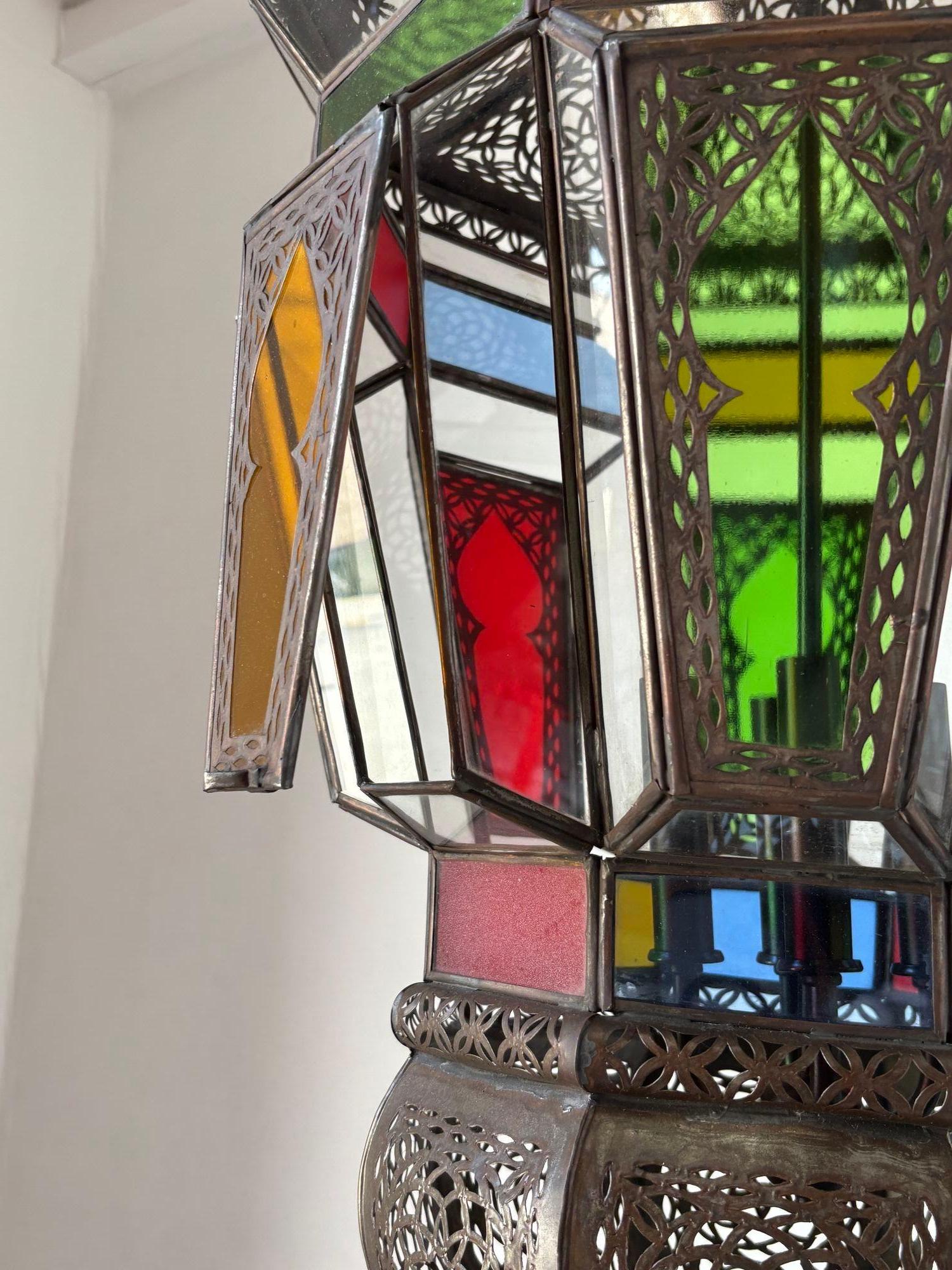 Moroccan Moorish Large Hanging Light Fixture Colored Glass Lantern For Sale 5