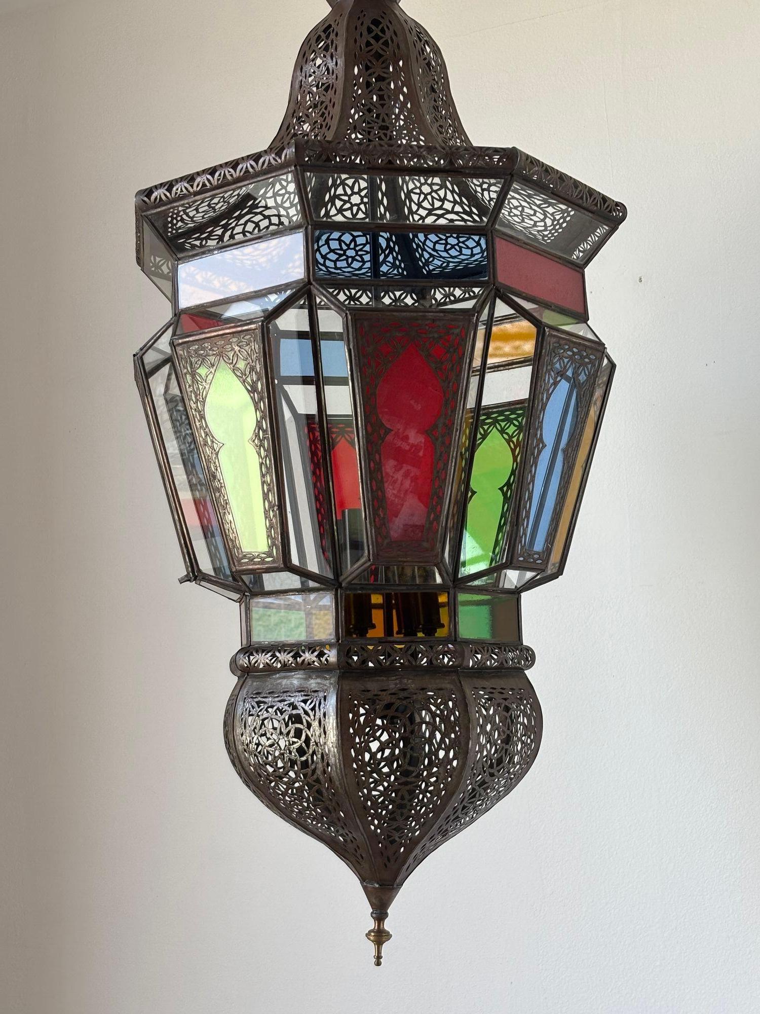 Hand-Crafted Moroccan Moorish Large Hanging Light Fixture Colored Glass Lantern For Sale