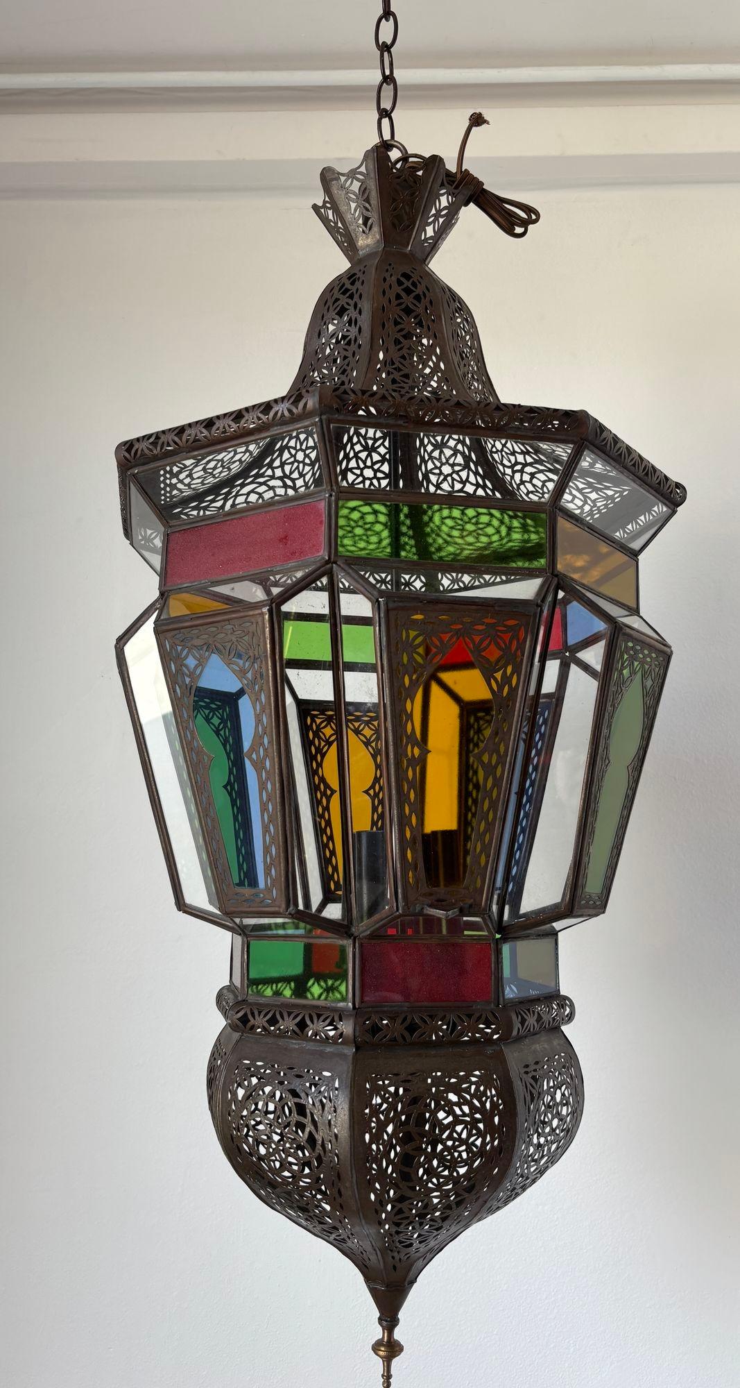 Moroccan Moorish Large Hanging Light Fixture Colored Glass Lantern In Good Condition For Sale In North Hollywood, CA