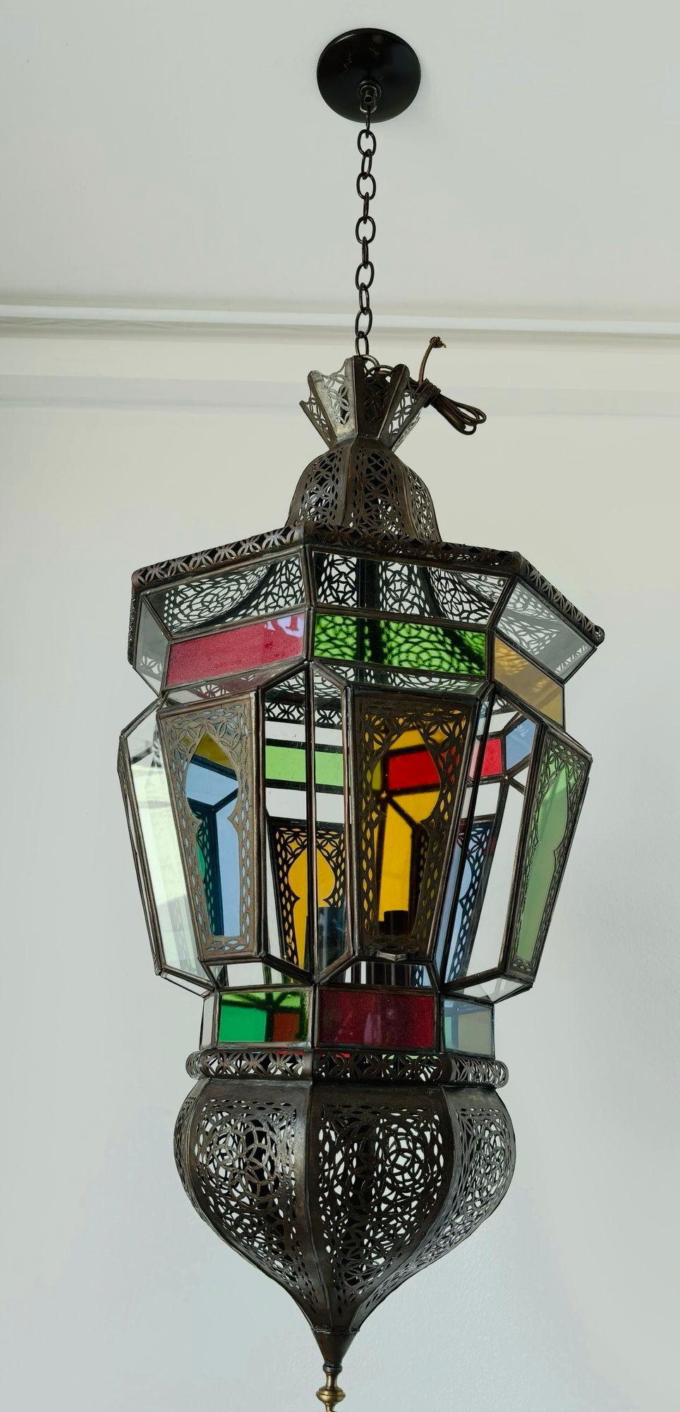 Late 20th Century Moroccan Moorish Large Hanging Light Fixture Colored Glass Lantern For Sale