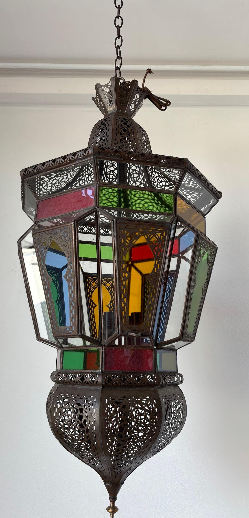 Metal Moroccan Moorish Large Hanging Light Fixture Colored Glass Lantern For Sale