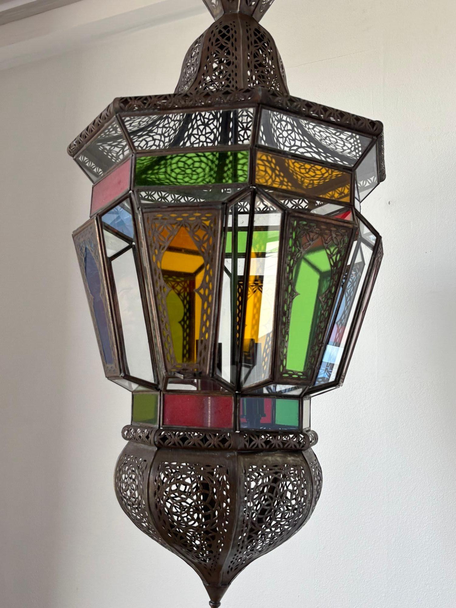 Moroccan Moorish Large Hanging Light Fixture Colored Glass Lantern For Sale 1