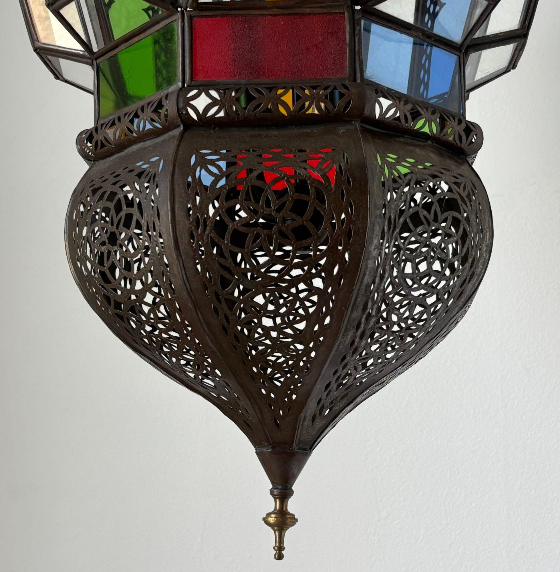 Moroccan Moorish Large Hanging Light Fixture Colored Glass Lantern For Sale 2