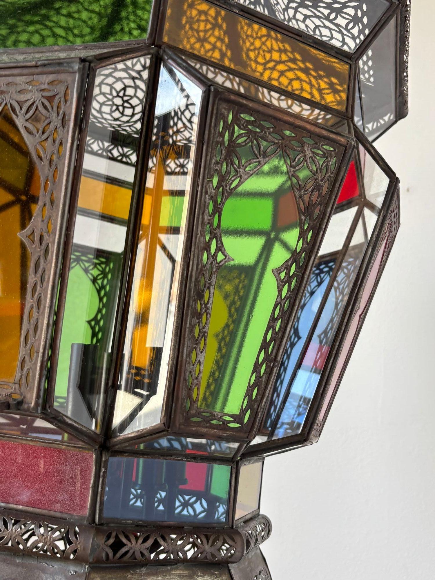 Moroccan Moorish Large Hanging Light Fixture Colored Glass Lantern For Sale 3