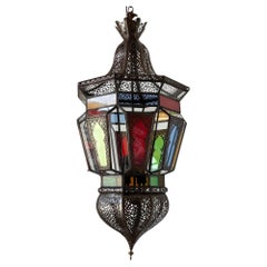 Moroccan Moorish Large Hanging Light Fixture Colored Glass Lantern