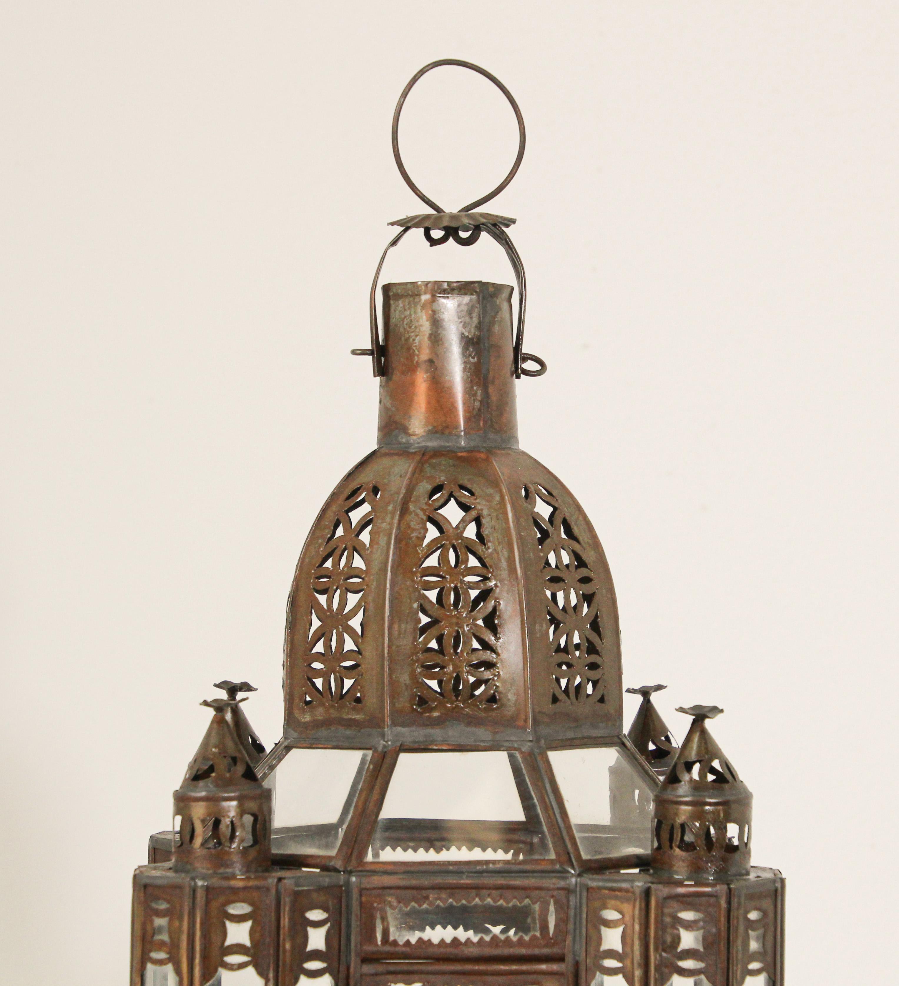 Gilt Moroccan Moorish Metal and Clear Glass Candle Lantern