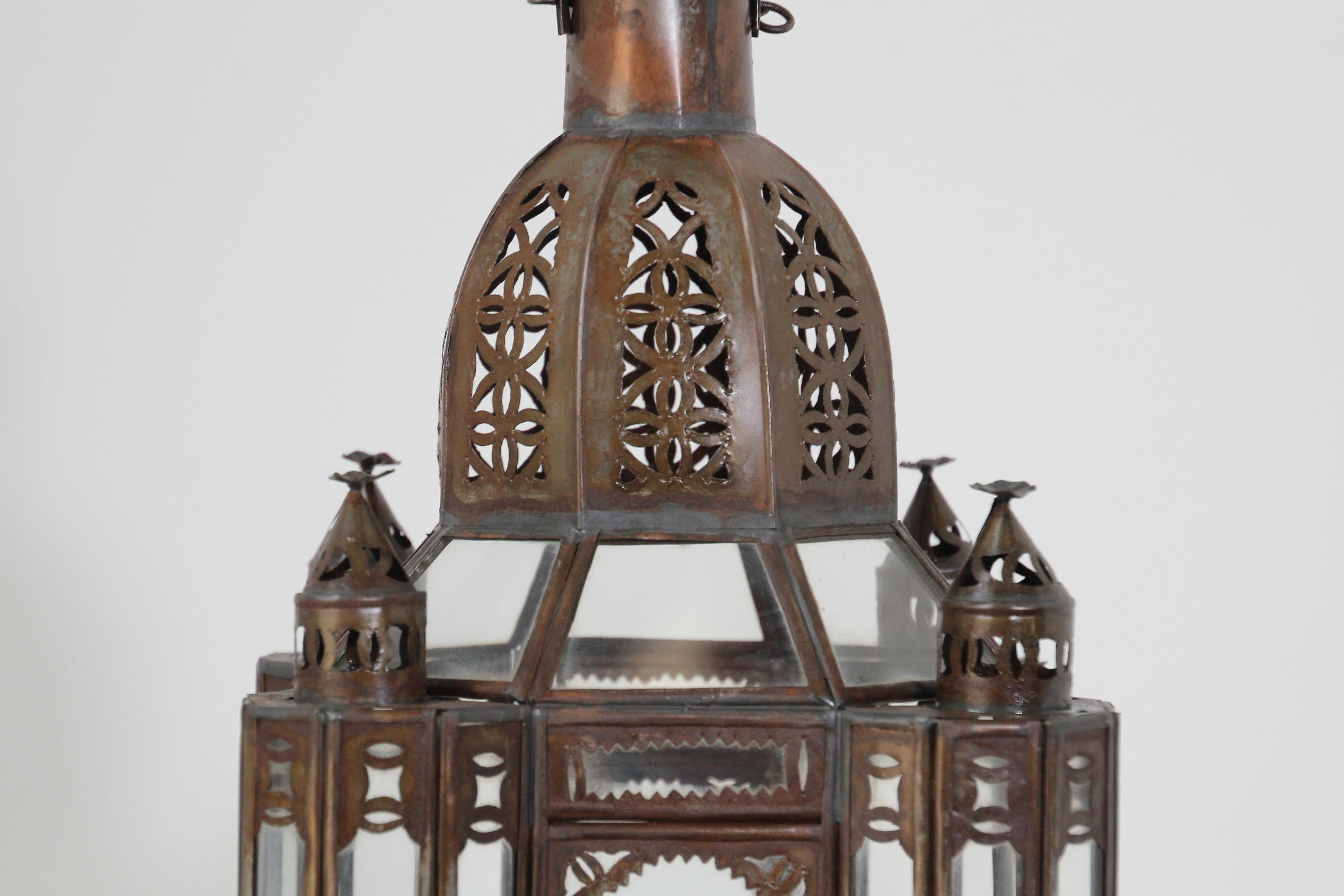 20th Century Moroccan Moorish Metal and Clear Glass Candle Lantern