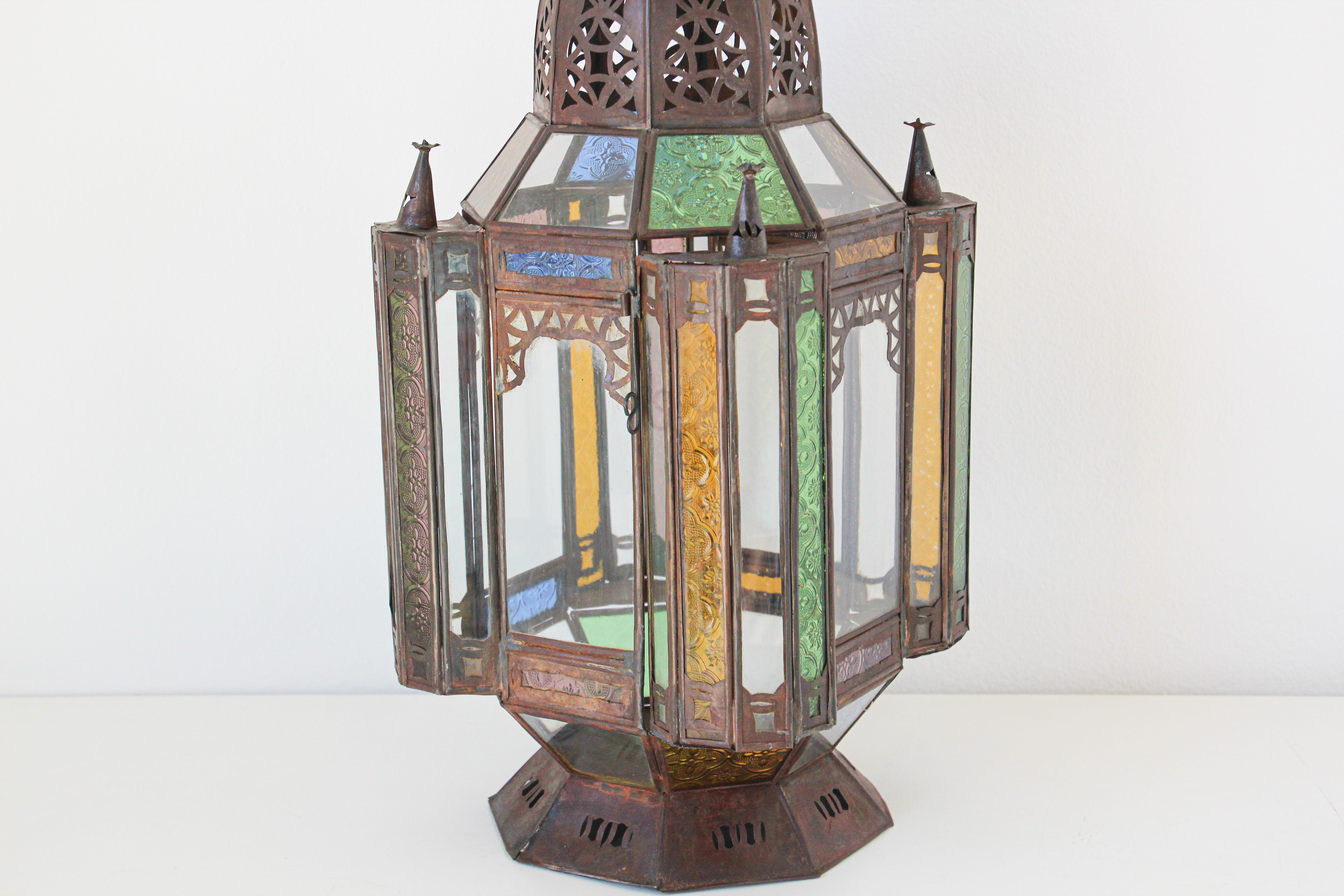 Gilt Moroccan Moorish Metal and Glass Candle Lantern