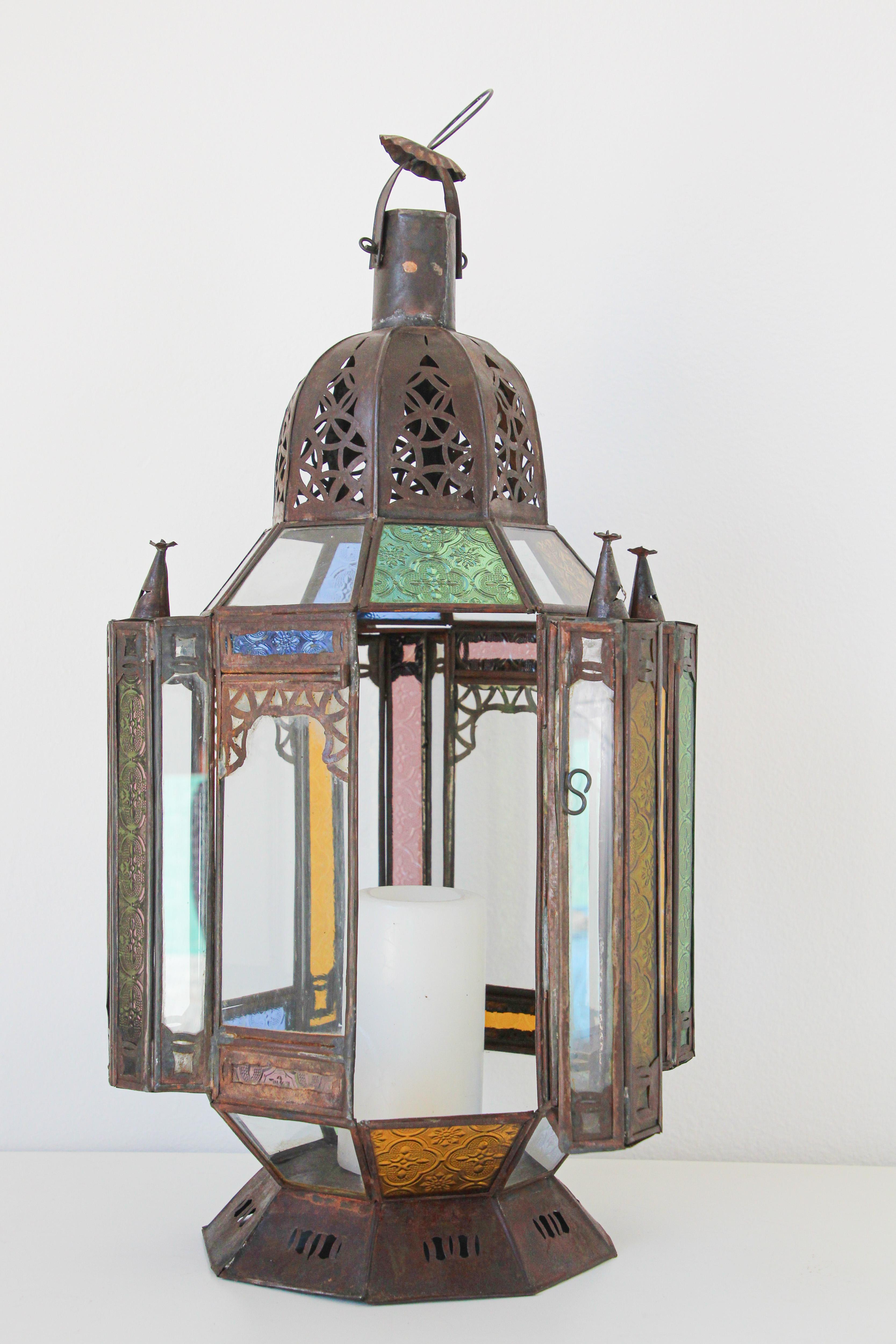 20th Century Moroccan Moorish Metal and Glass Candle Lantern