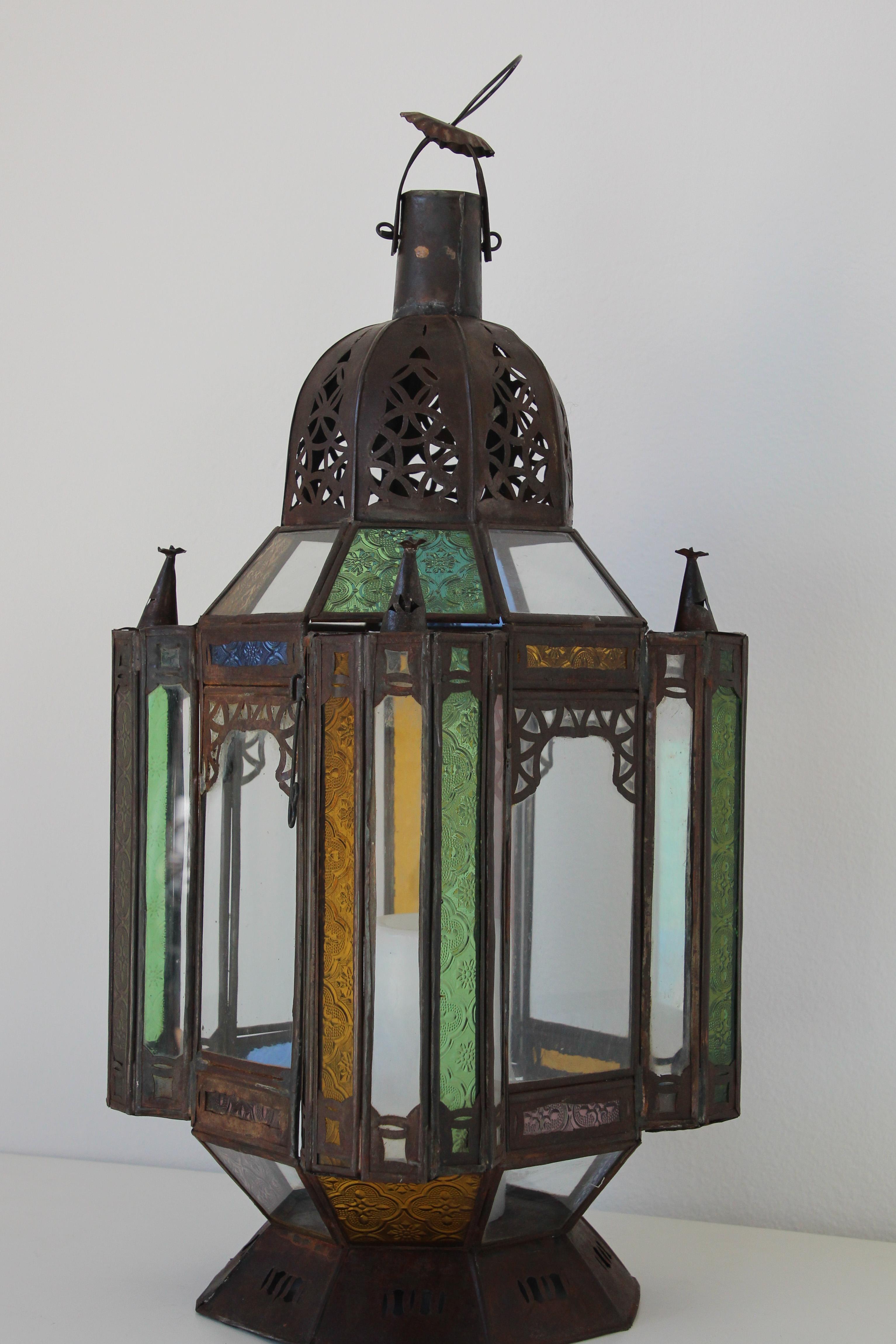 Moroccan Moorish Metal and Glass Candle Lantern 1