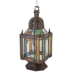 Vintage Moroccan Moorish Metal and Glass Candle Lantern