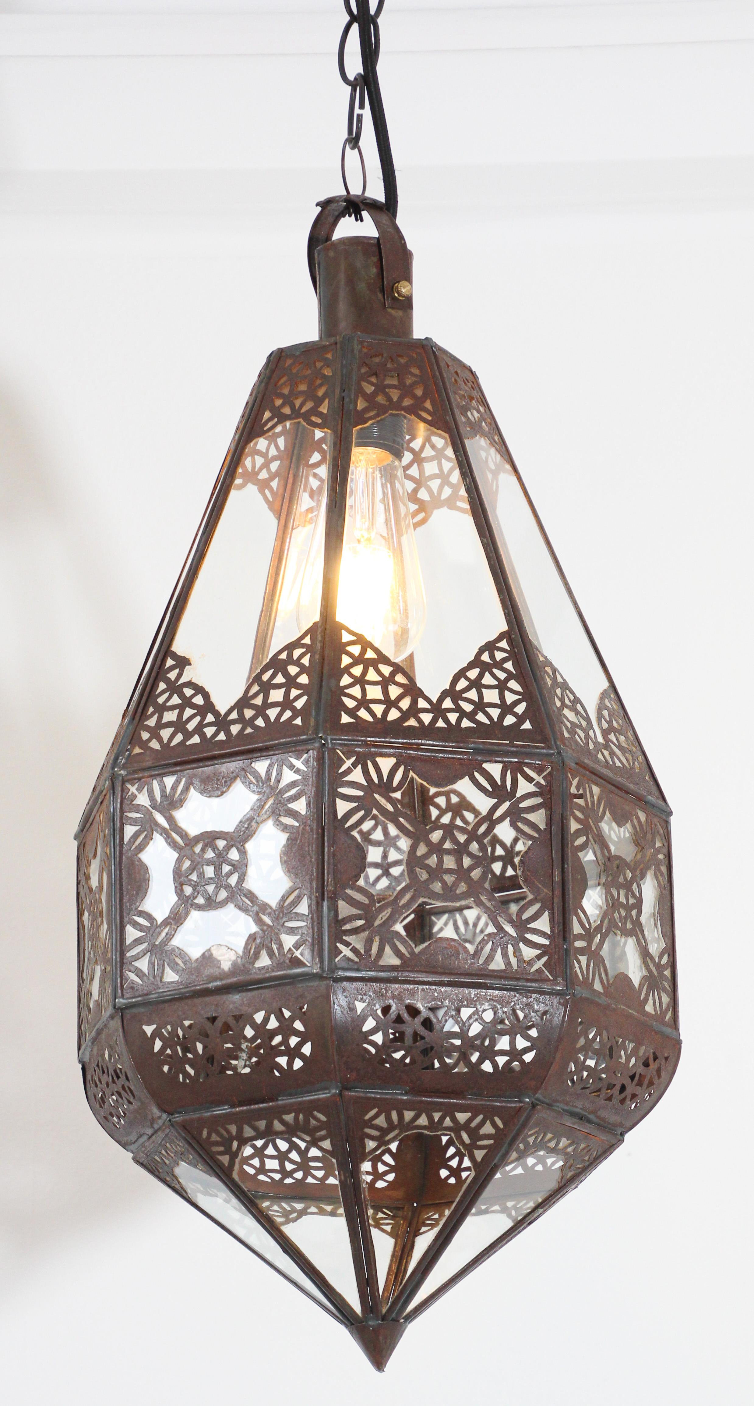 Arts and Crafts Moroccan Moorish Metal and Glass Lantern For Sale