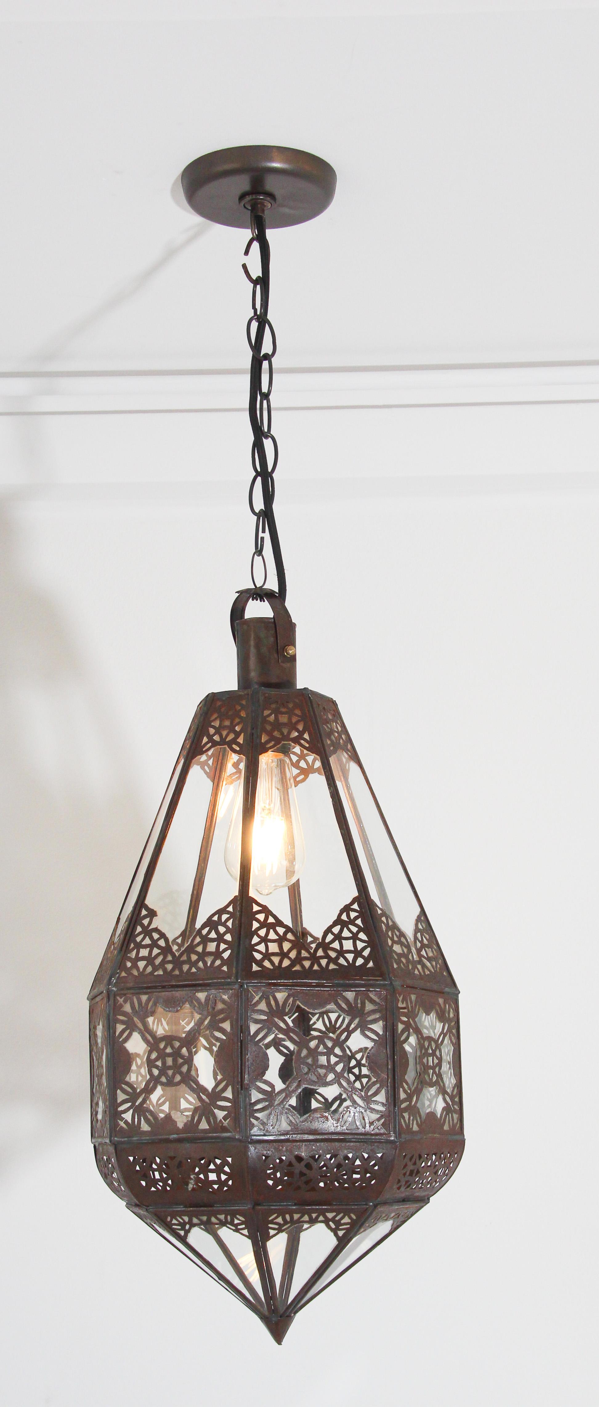 Hand-Crafted Moroccan Moorish Metal and Glass Lantern For Sale