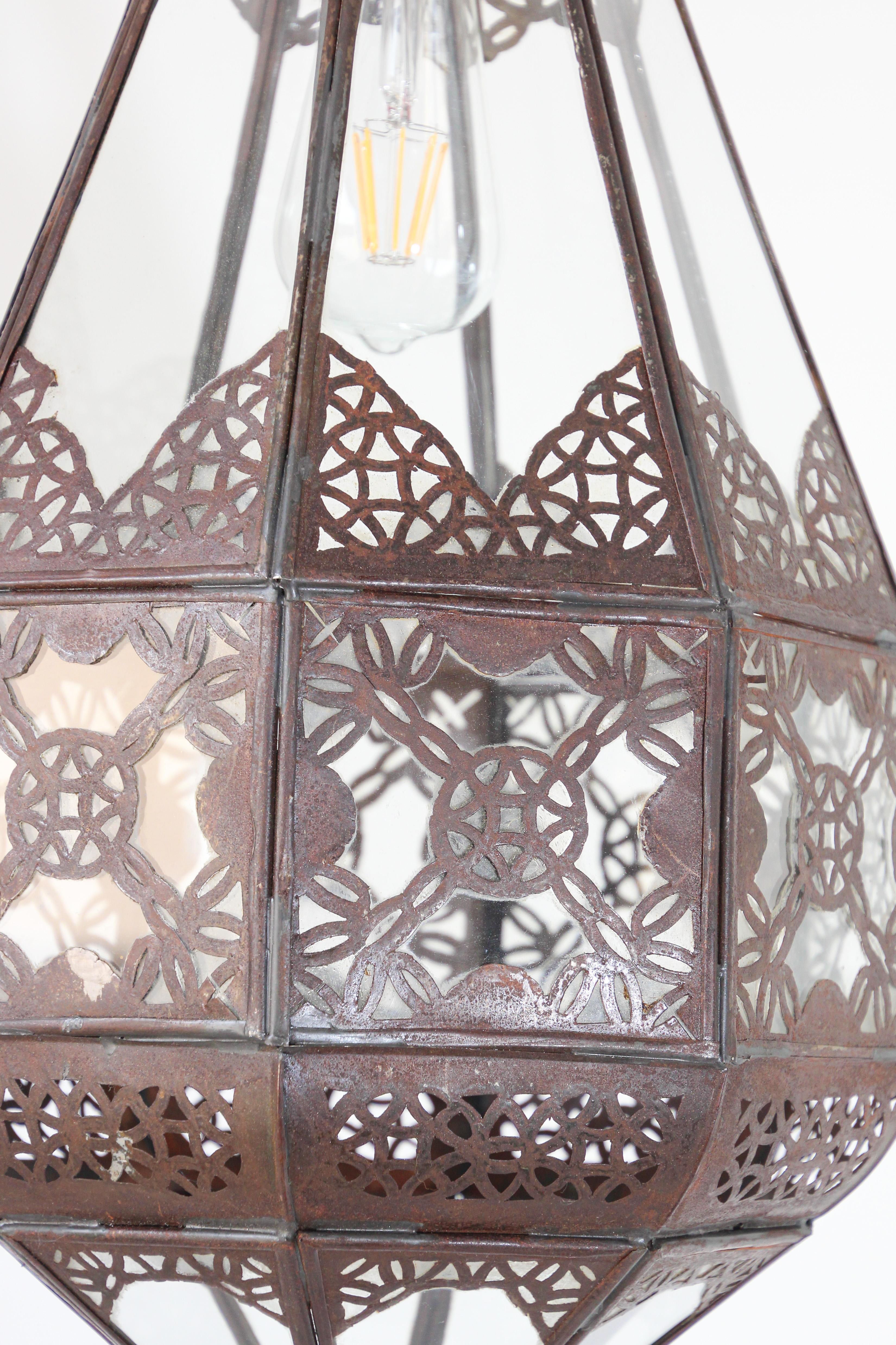 20th Century Moroccan Moorish Metal and Glass Lantern For Sale