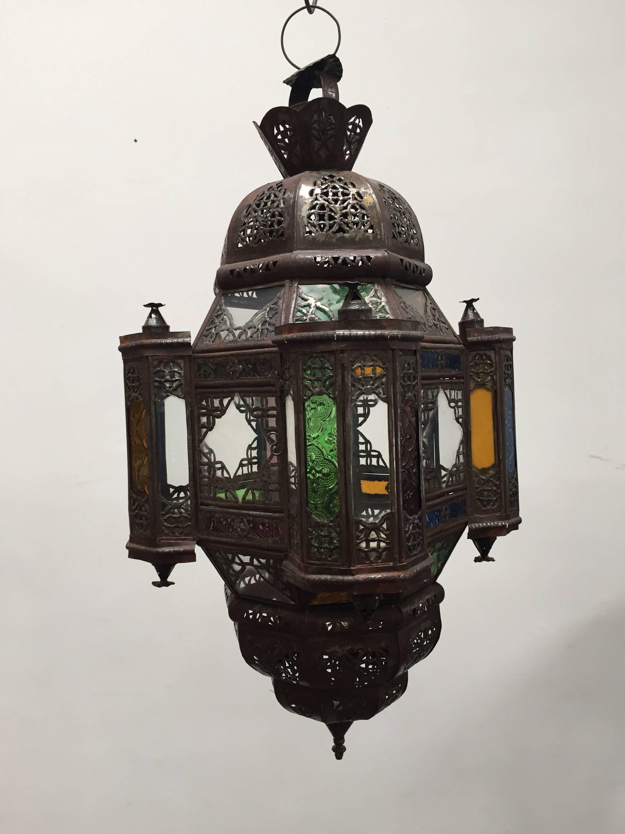 Hammered Moroccan Moorish Metal Lantern with Clear and Colored Glass For Sale
