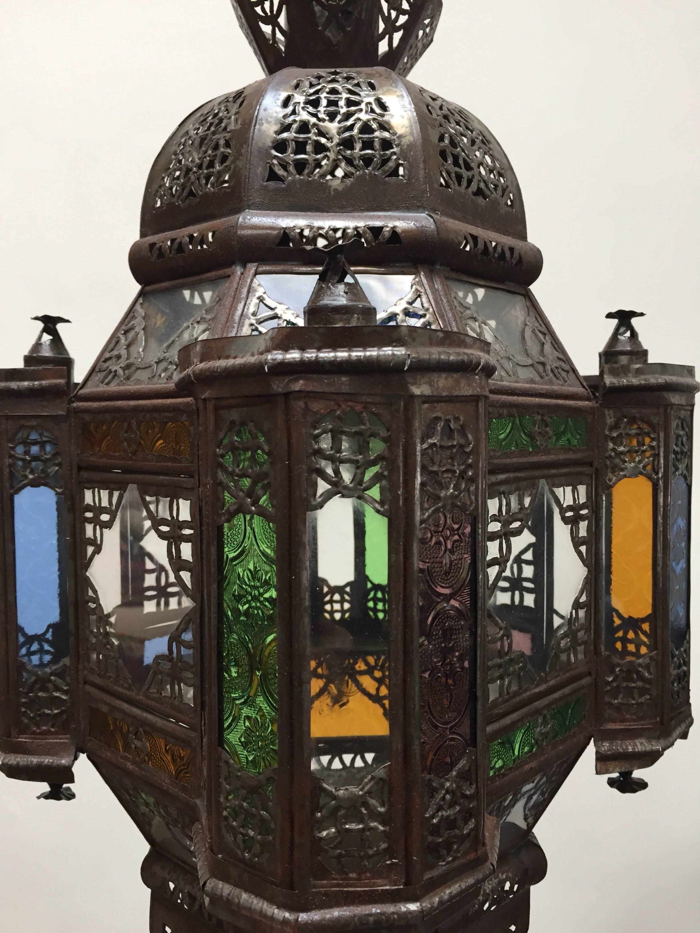 Moroccan Moorish Metal Lantern with Clear and Colored Glass In Good Condition For Sale In North Hollywood, CA