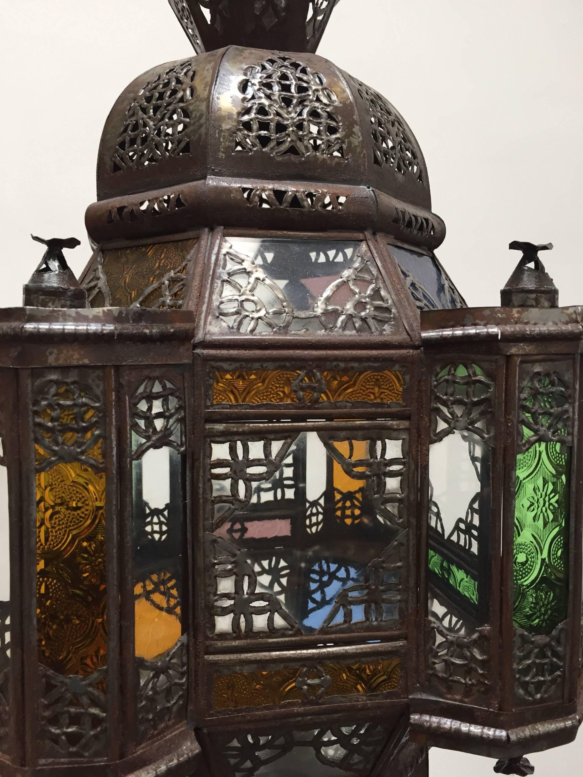 20th Century Moroccan Moorish Metal Lantern with Clear and Colored Glass For Sale
