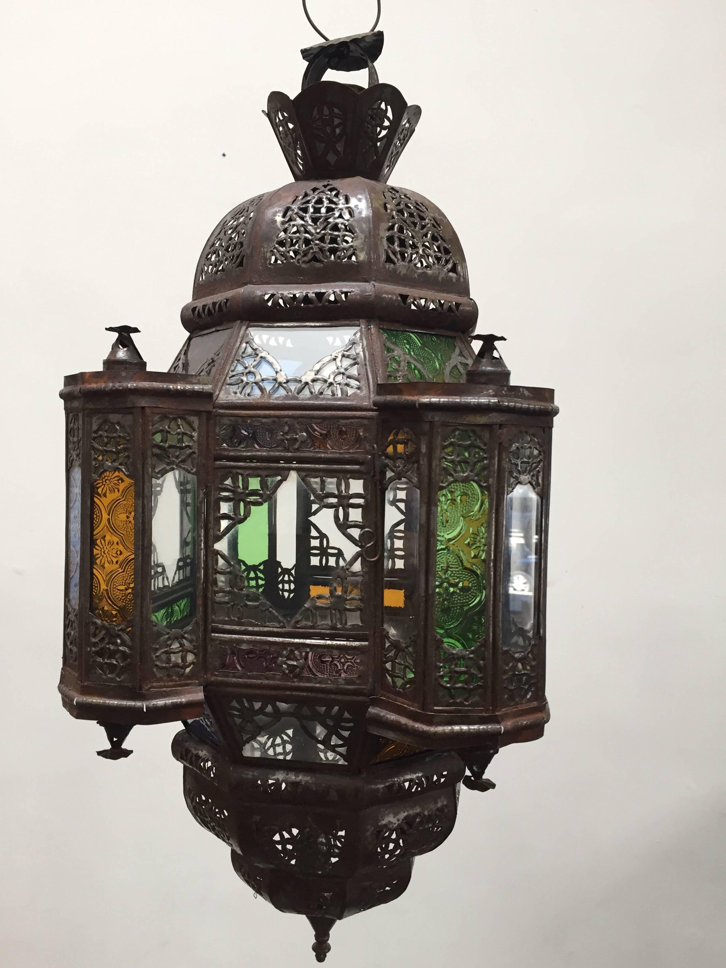 Moroccan Moorish Metal Lantern with Clear and Colored Glass For Sale 1