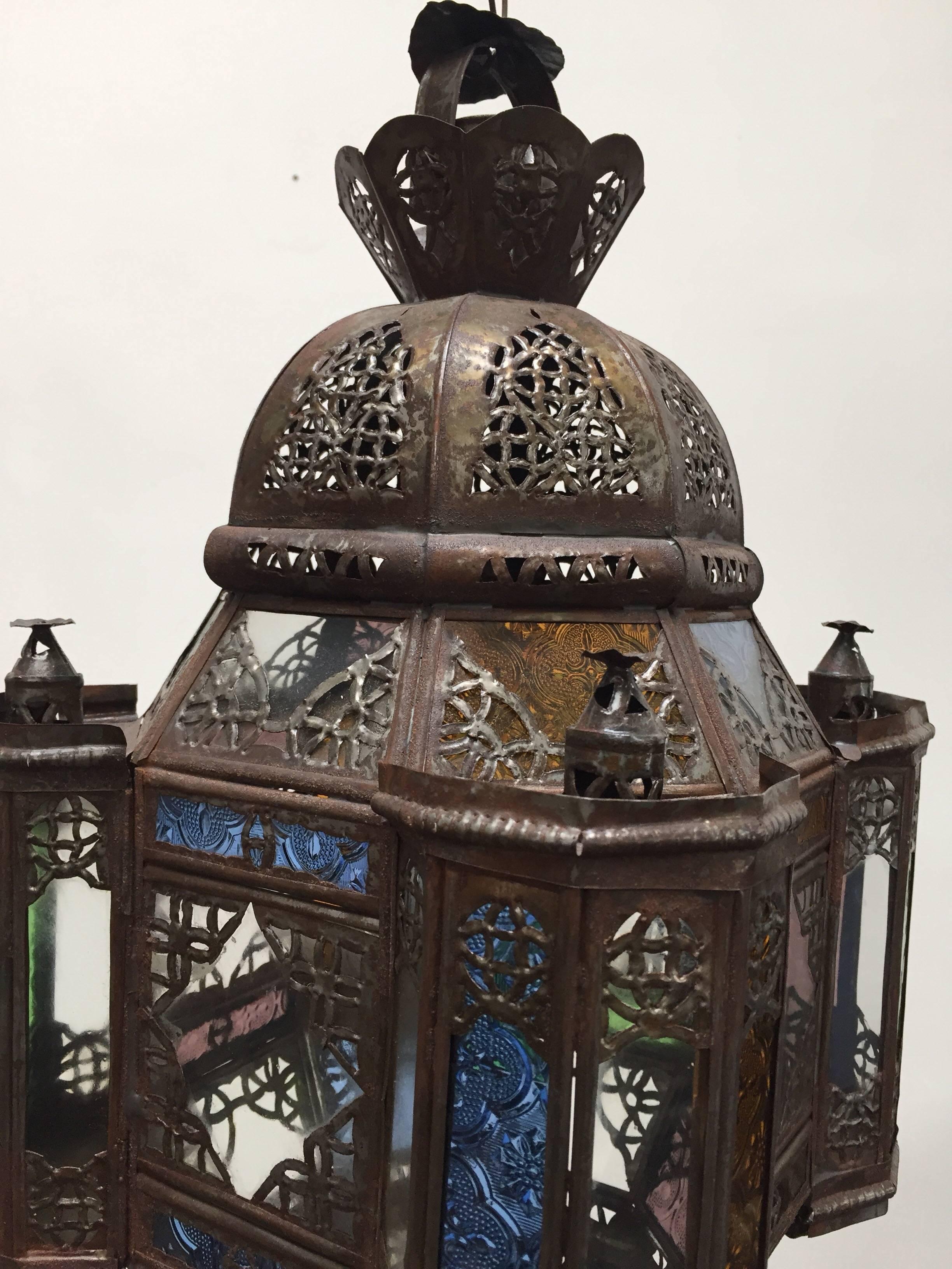 Moroccan Moorish Metal Lantern with Clear and Colored Glass For Sale 2