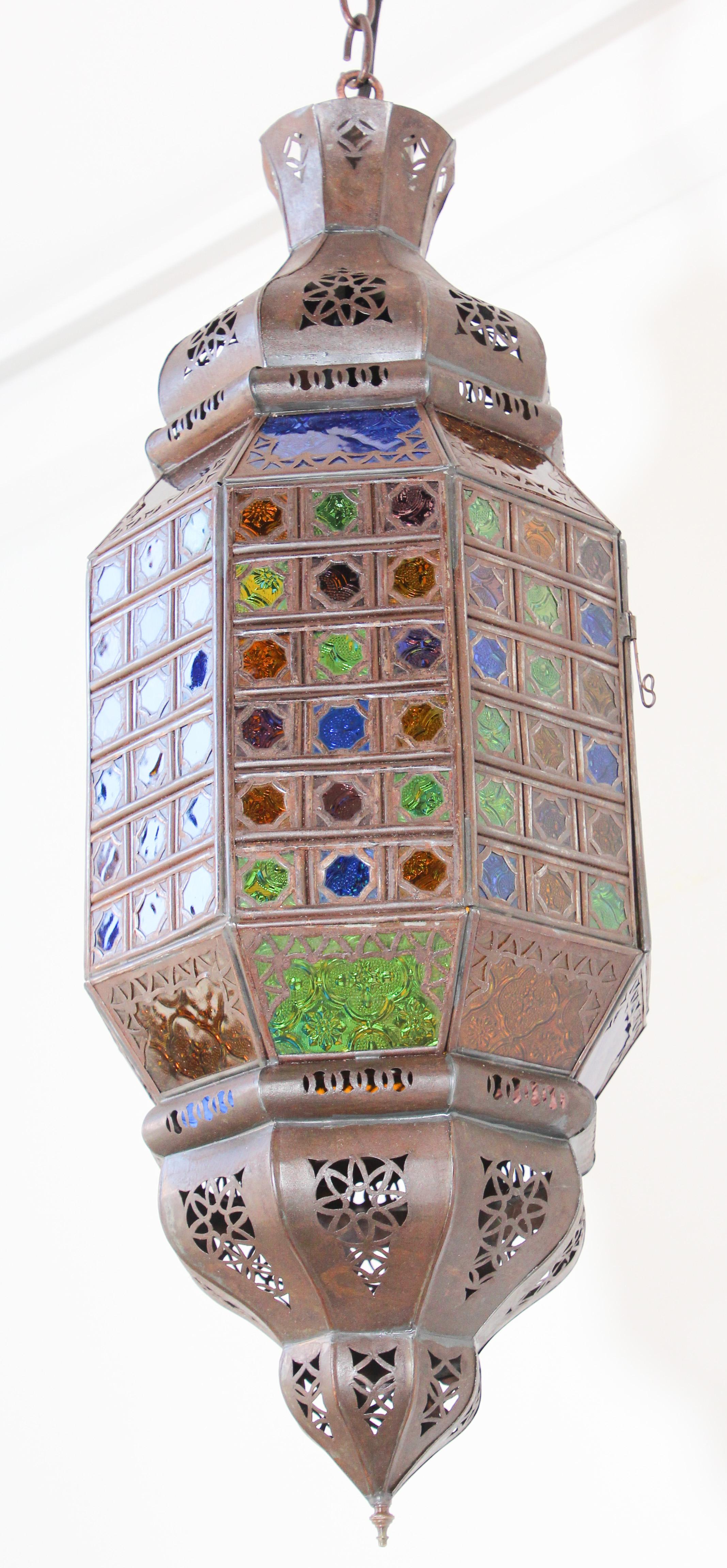 Moroccan Moorish Metal Lantern with Multi-Color Glass 5