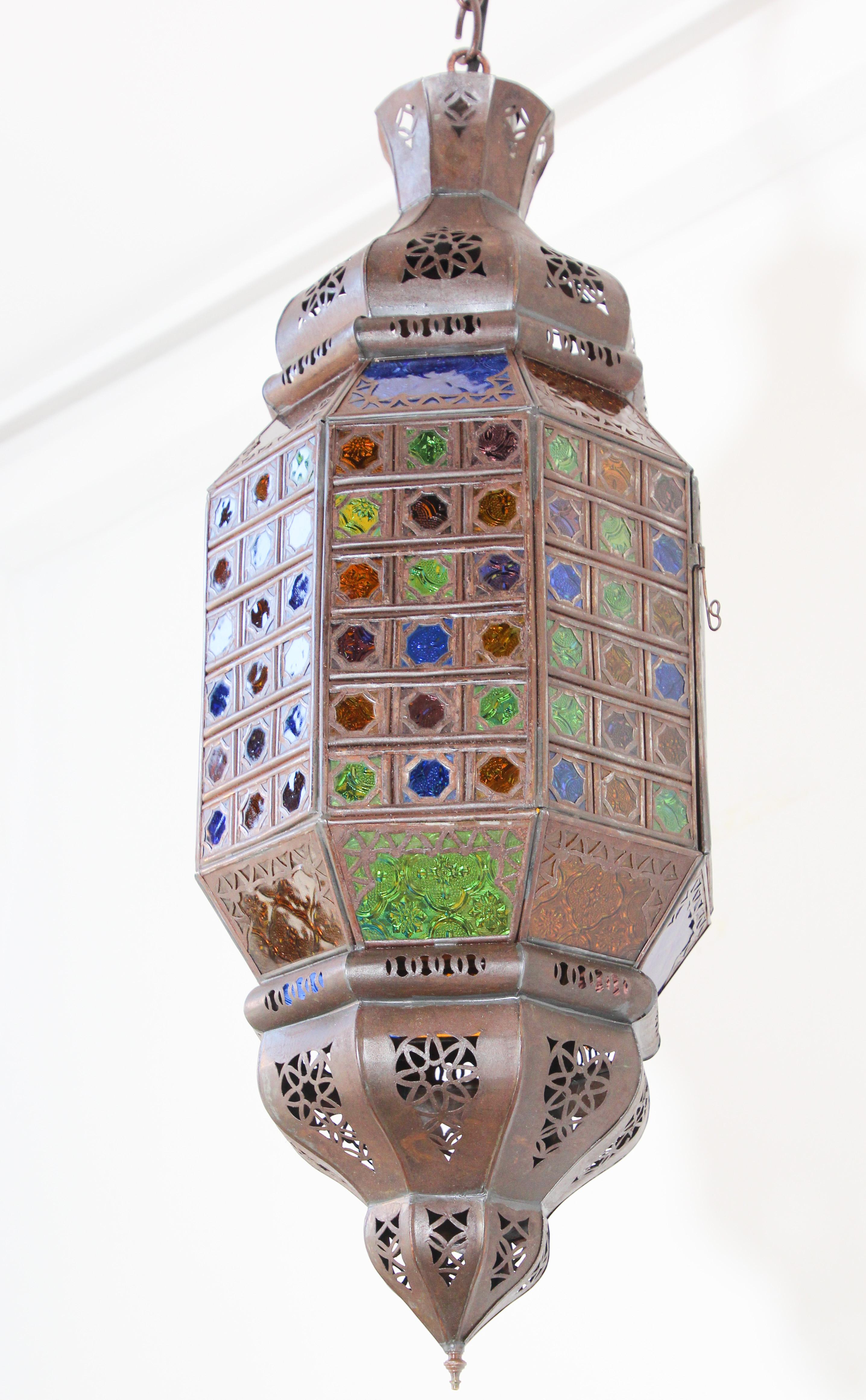 Moroccan Moorish Metal Lantern with Multi-Color Glass 6