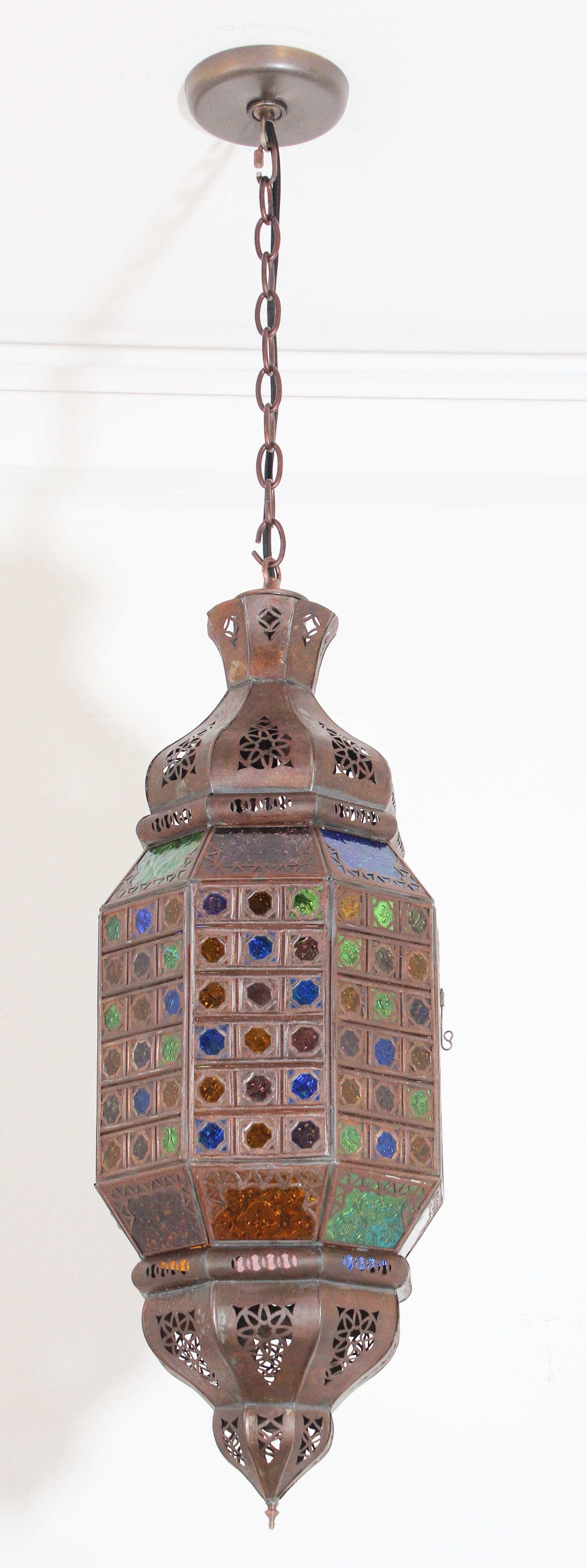 Moroccan Moorish Metal Lantern with Multi-Color Glass 7