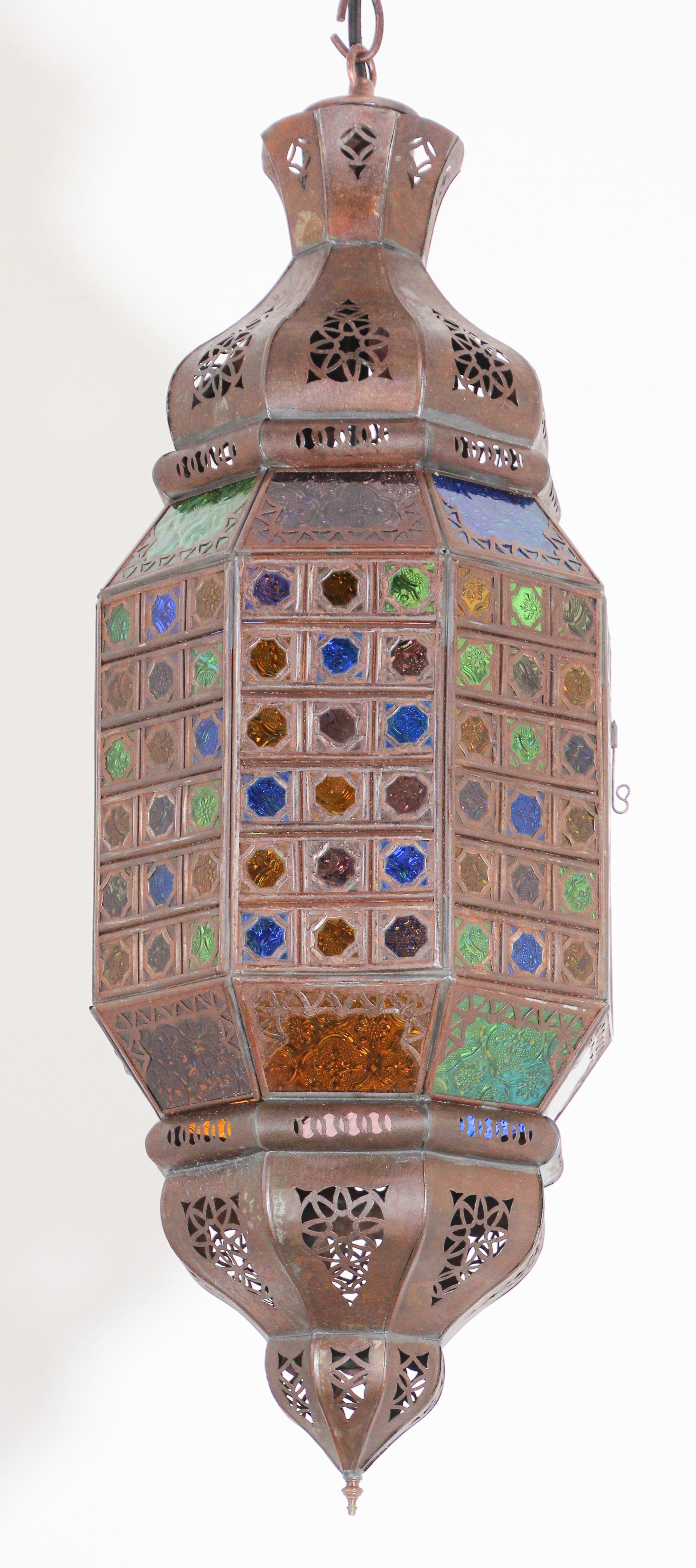 Metalwork Moroccan Moorish Metal Lantern with Multi-Color Glass