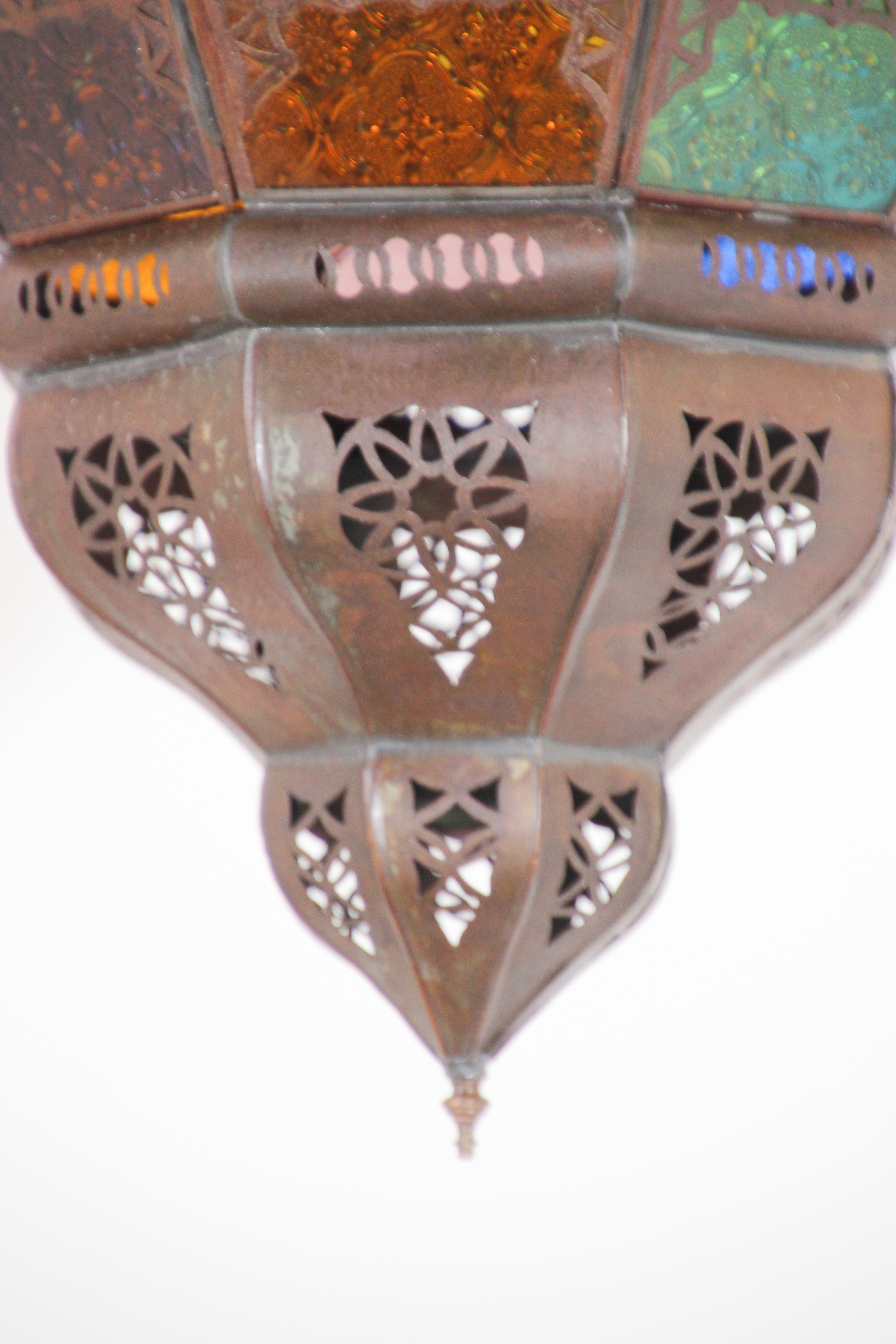 Moroccan Moorish Metal Lantern with Multi-Color Glass In Good Condition In North Hollywood, CA