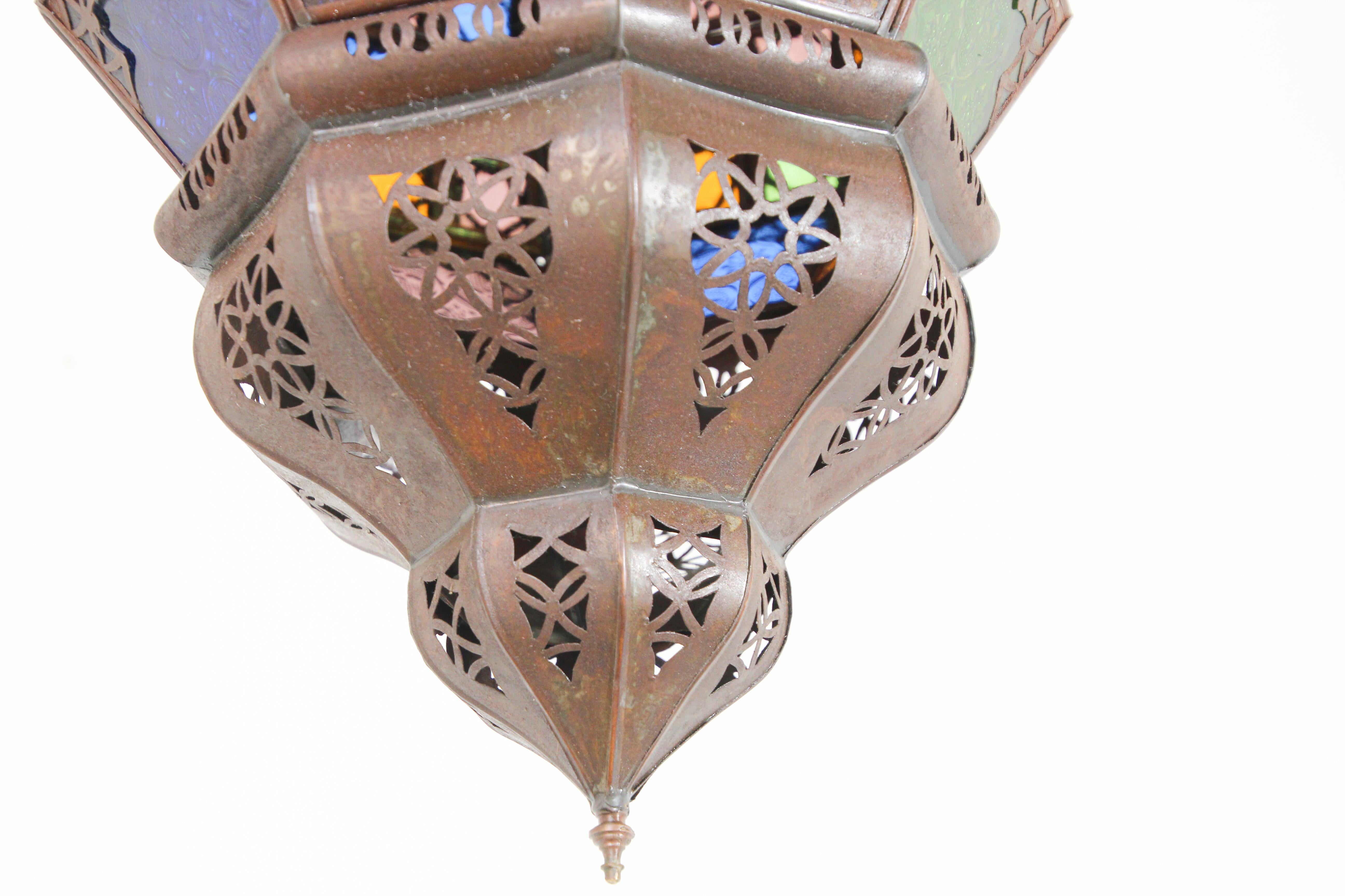 Moroccan Moorish Metal Lantern with Multi-Color Glass 1