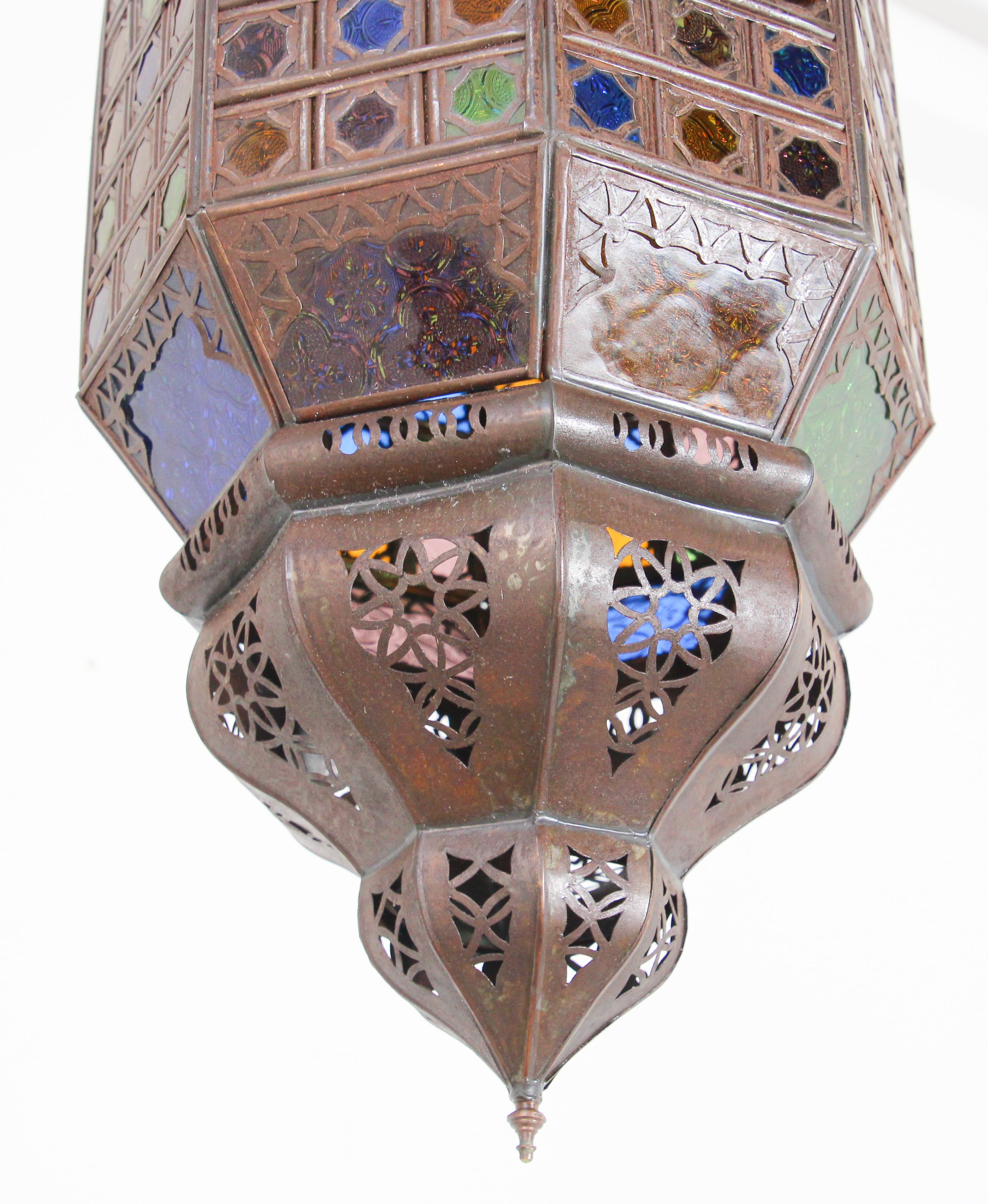 Moroccan Moorish Metal Lantern with Multi-Color Glass 2