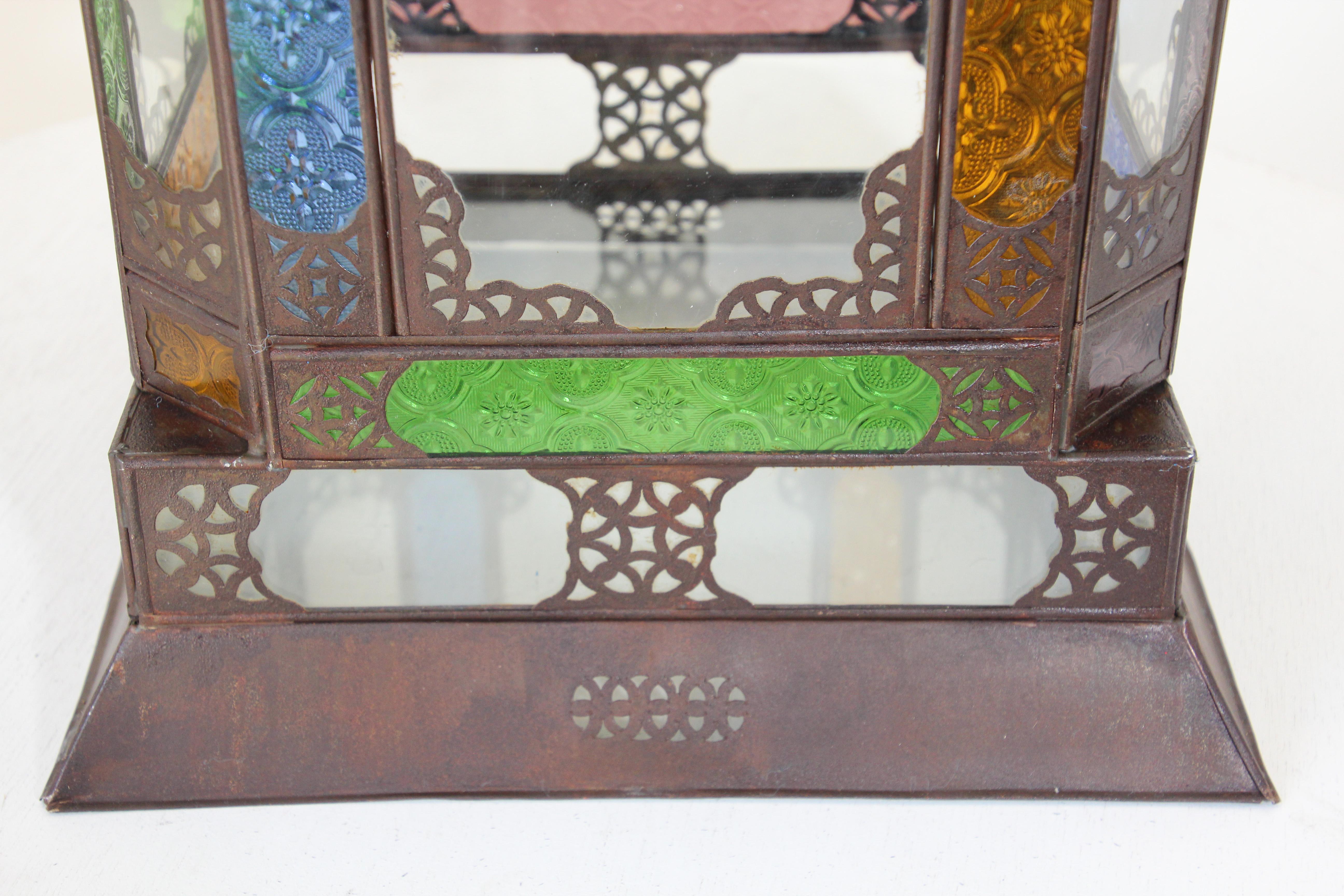 Moroccan Metal Lantern with Multicolor Glass For Sale 6