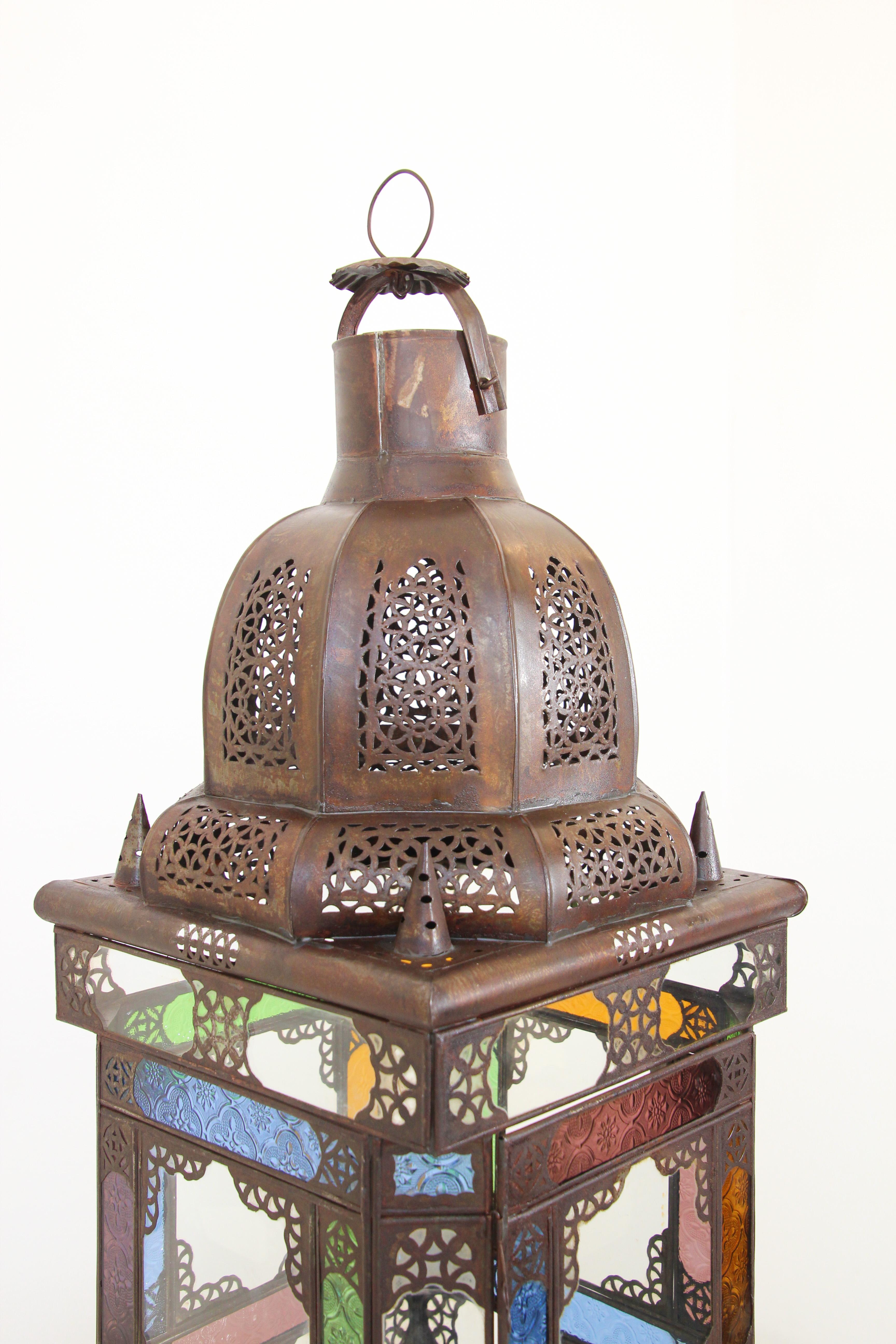 Moroccan Metal Lantern with Multicolor Glass For Sale 7