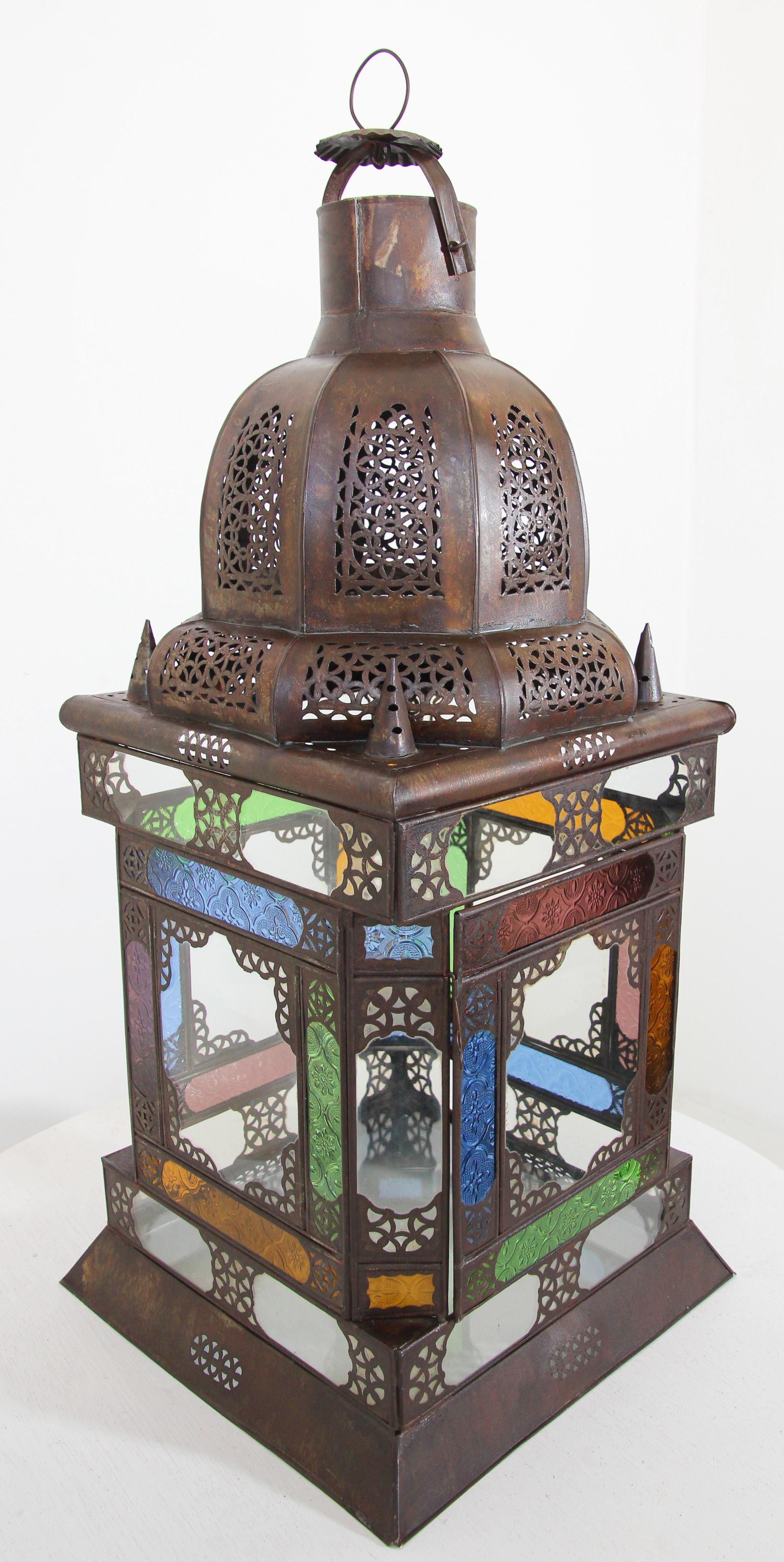 Moroccan Metal Lantern with Multicolor Glass For Sale 8