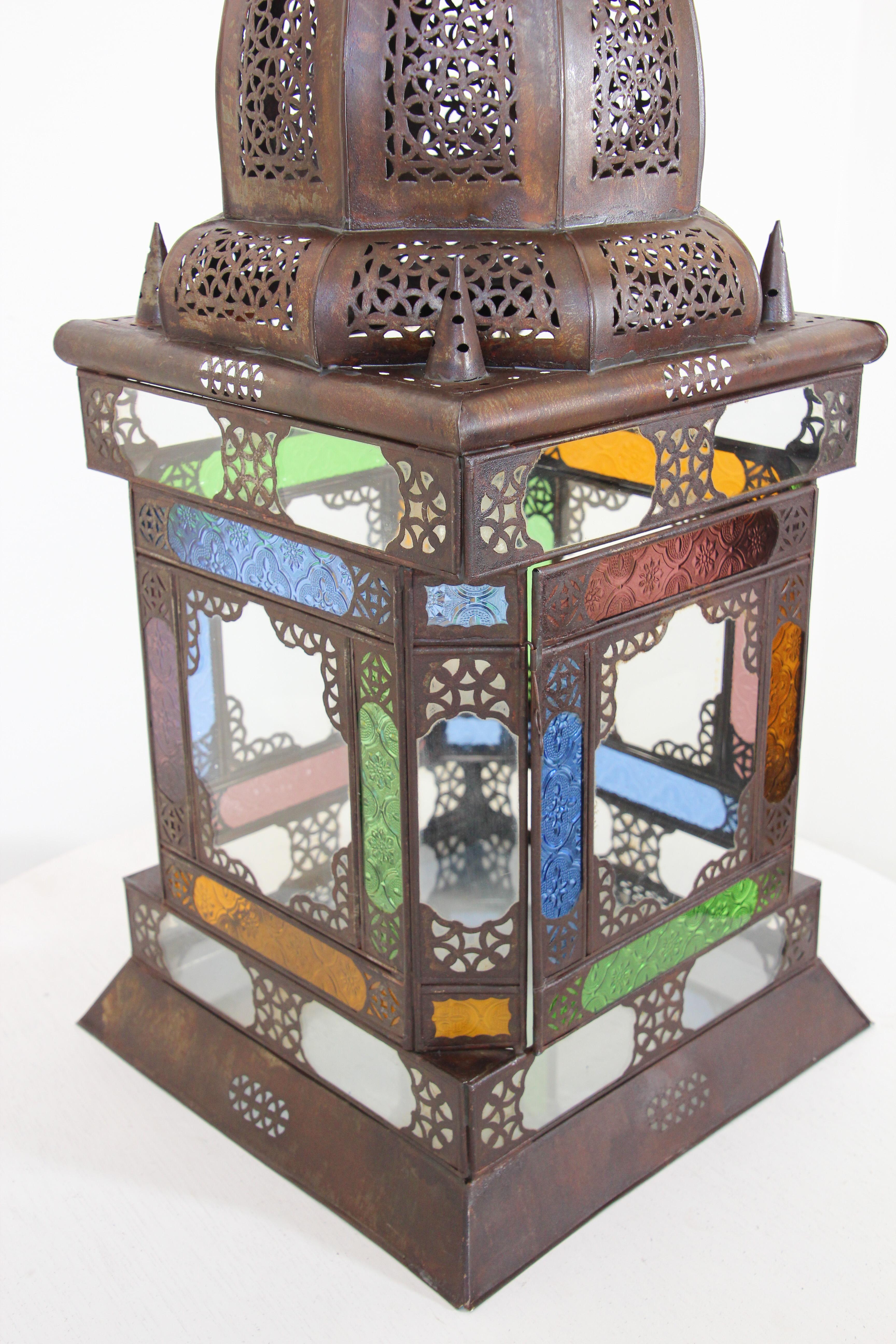 Moroccan Metal Lantern with Multicolor Glass For Sale 9