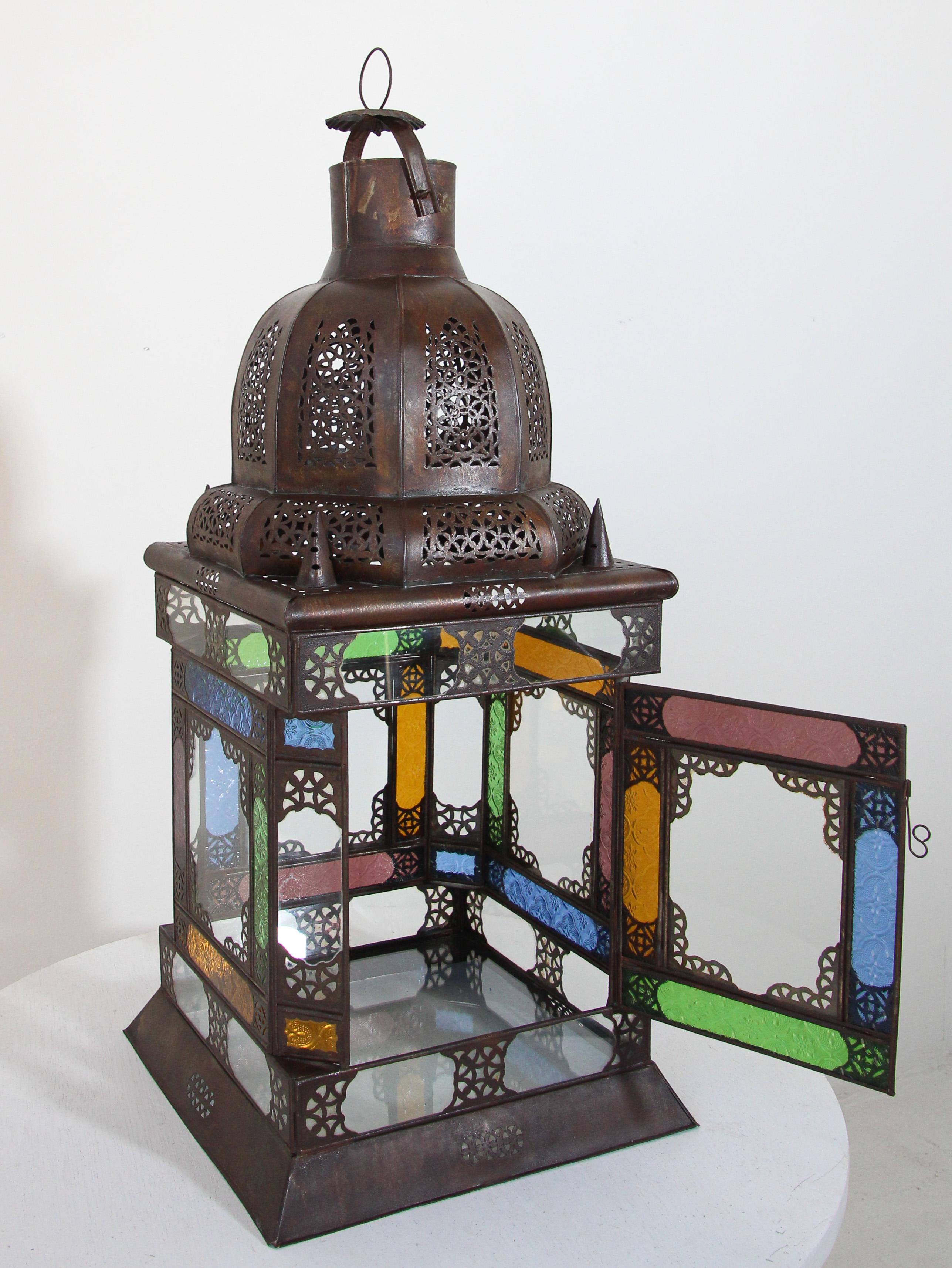 Moroccan Metal Lantern with Multicolor Glass For Sale 10