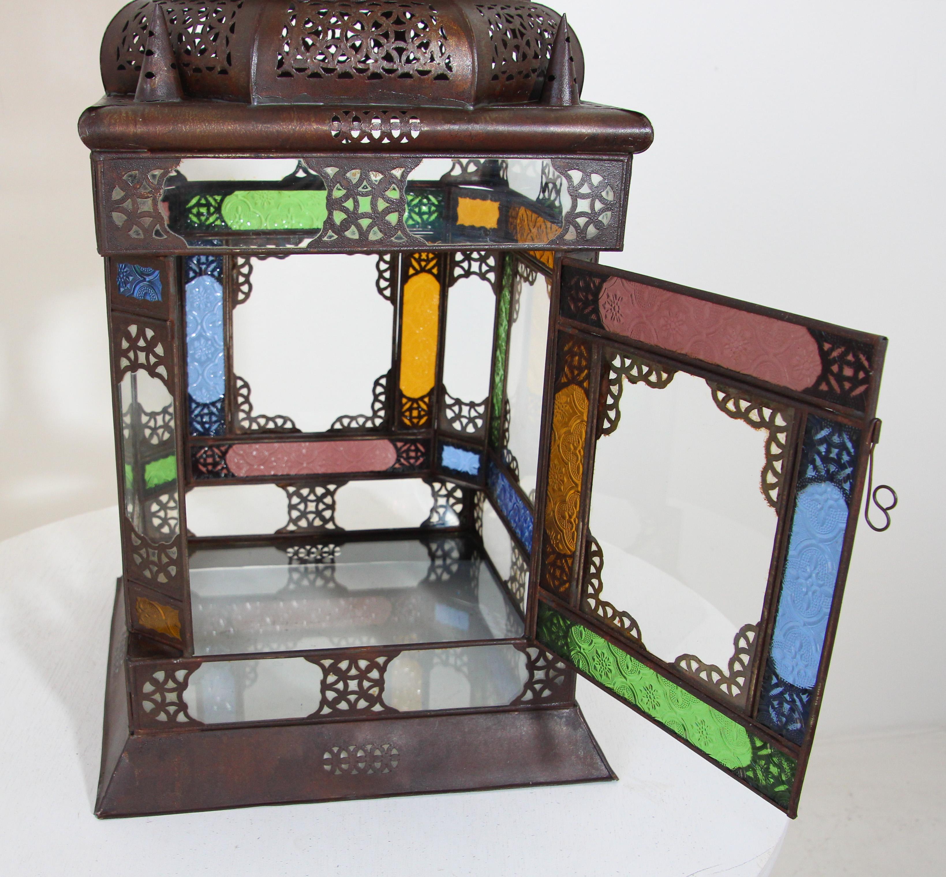 Moroccan Metal Lantern with Multicolor Glass For Sale 11
