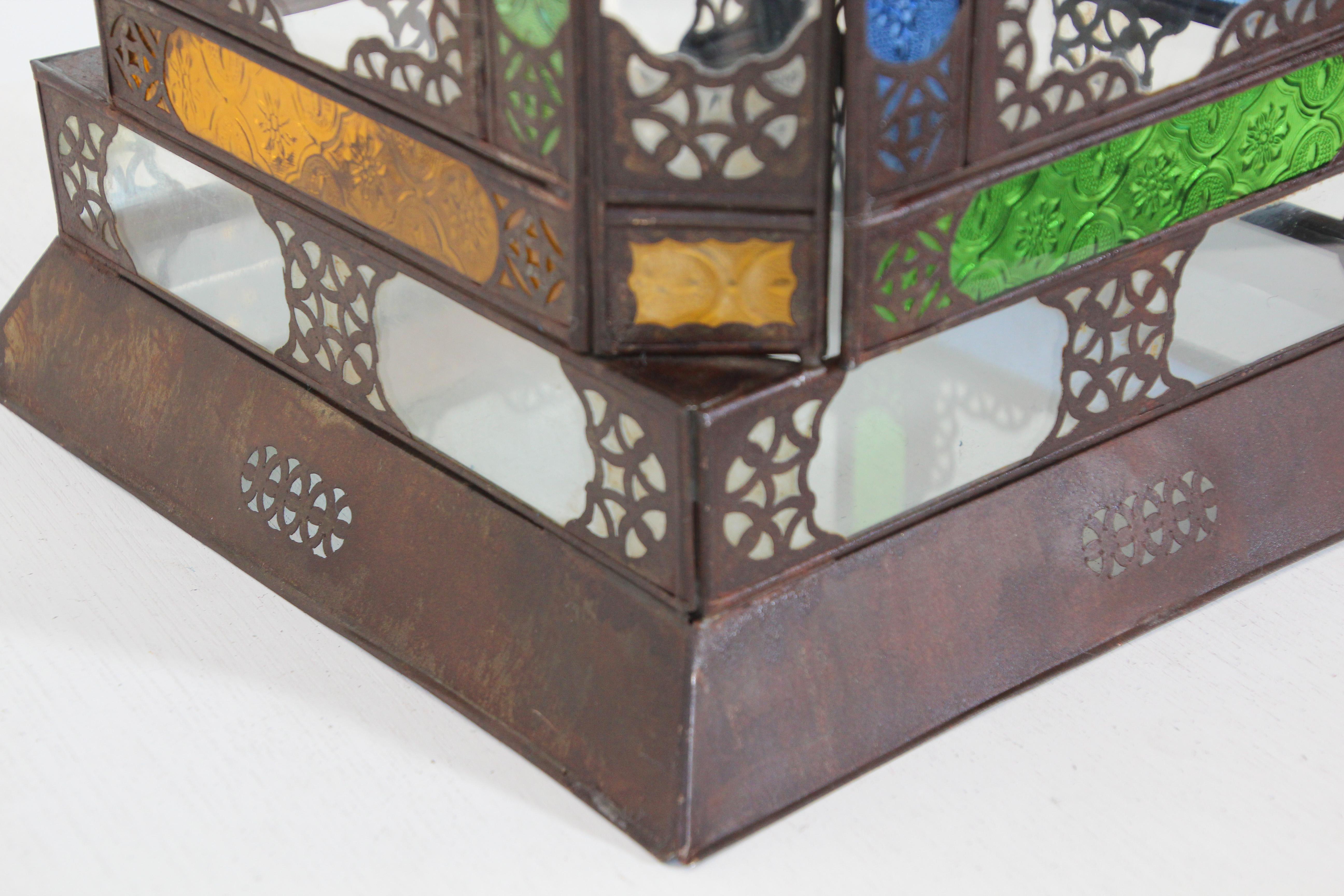Moroccan Metal Lantern with Multicolor Glass For Sale 12