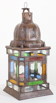 Moroccan Metal Lantern with Multicolor Glass