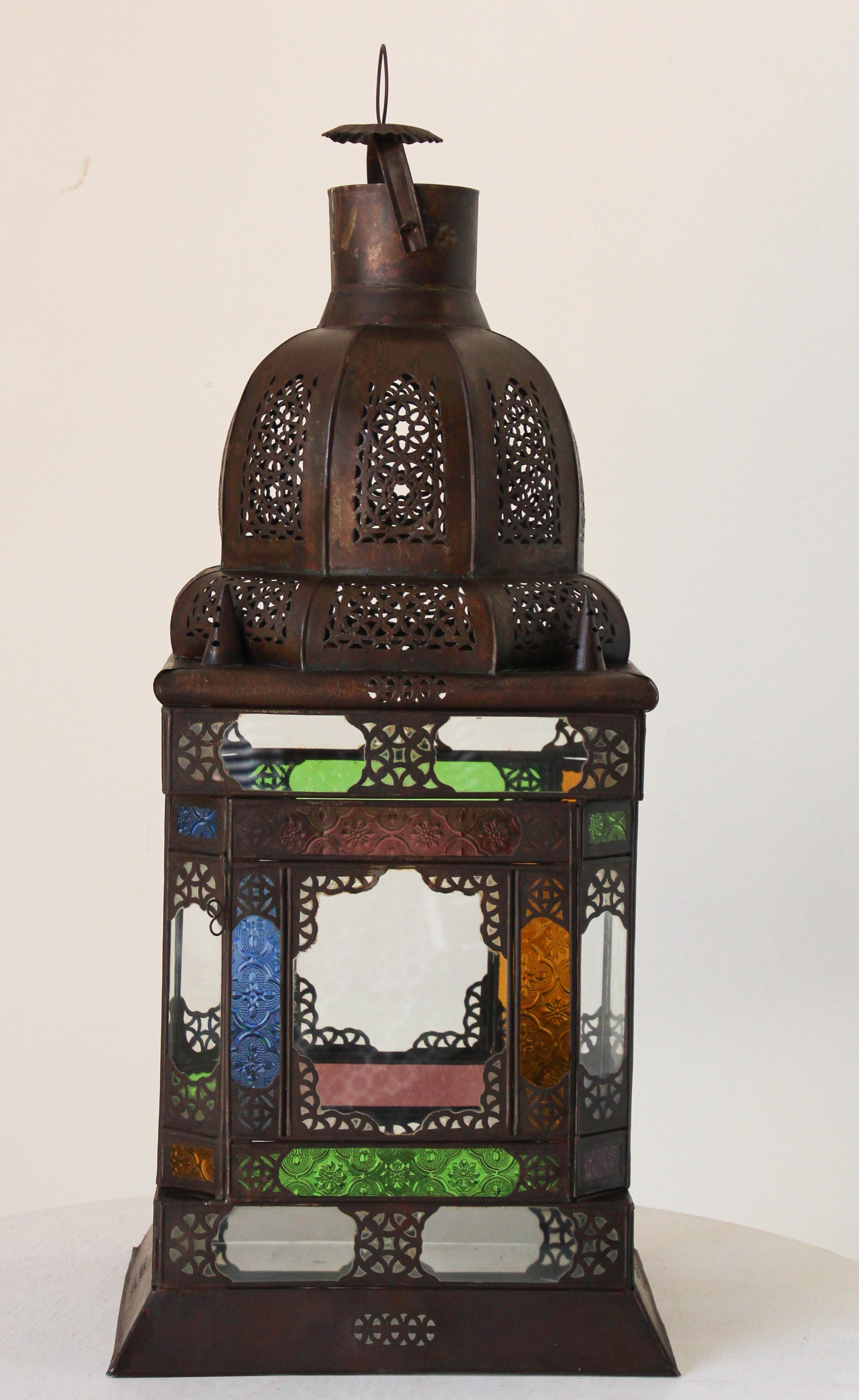 Moorish Moroccan Metal Lantern with Multicolor Glass For Sale