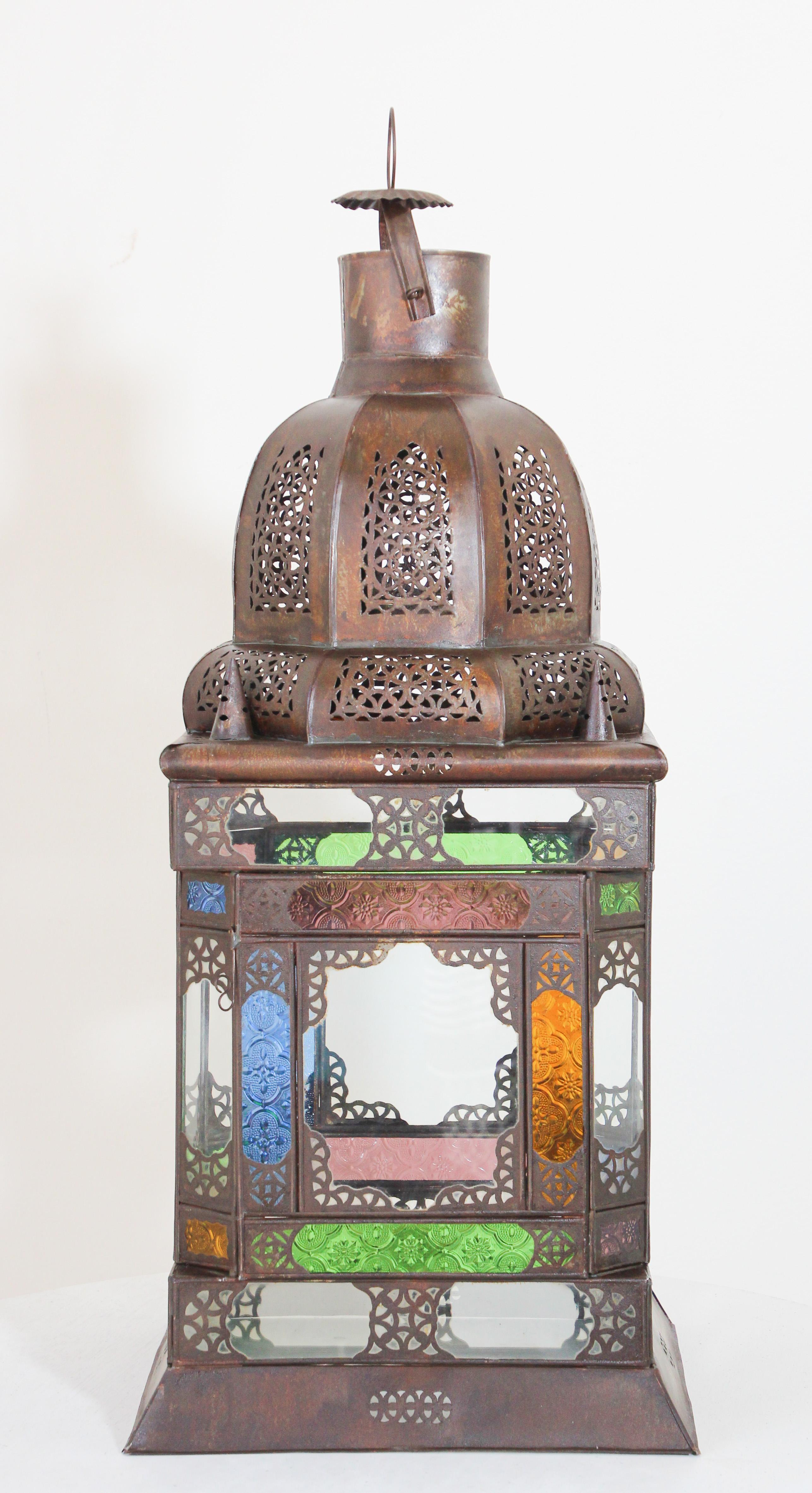 Hammered Moroccan Metal Lantern with Multicolor Glass For Sale