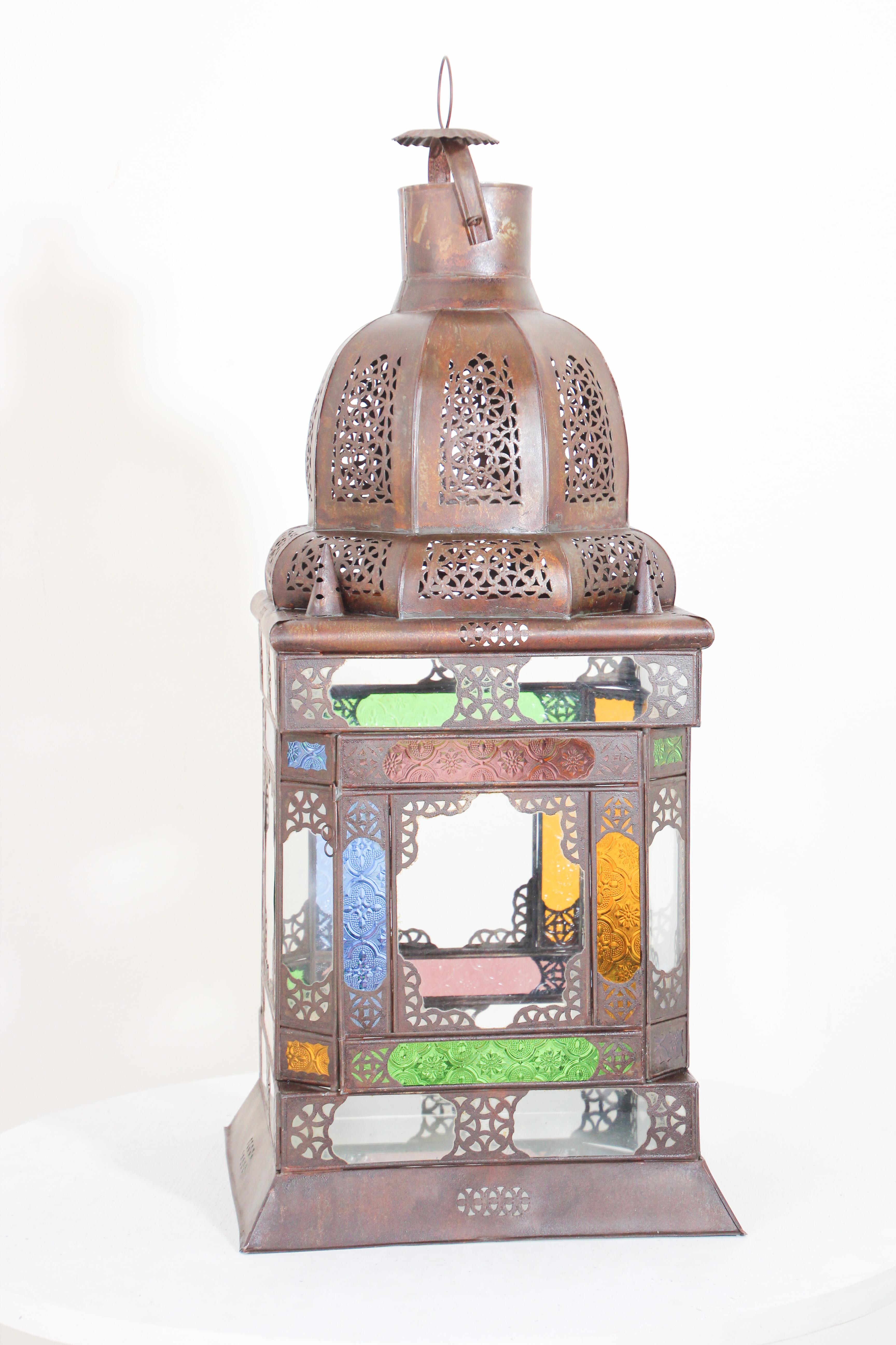 Moroccan Metal Lantern with Multicolor Glass In Good Condition For Sale In North Hollywood, CA