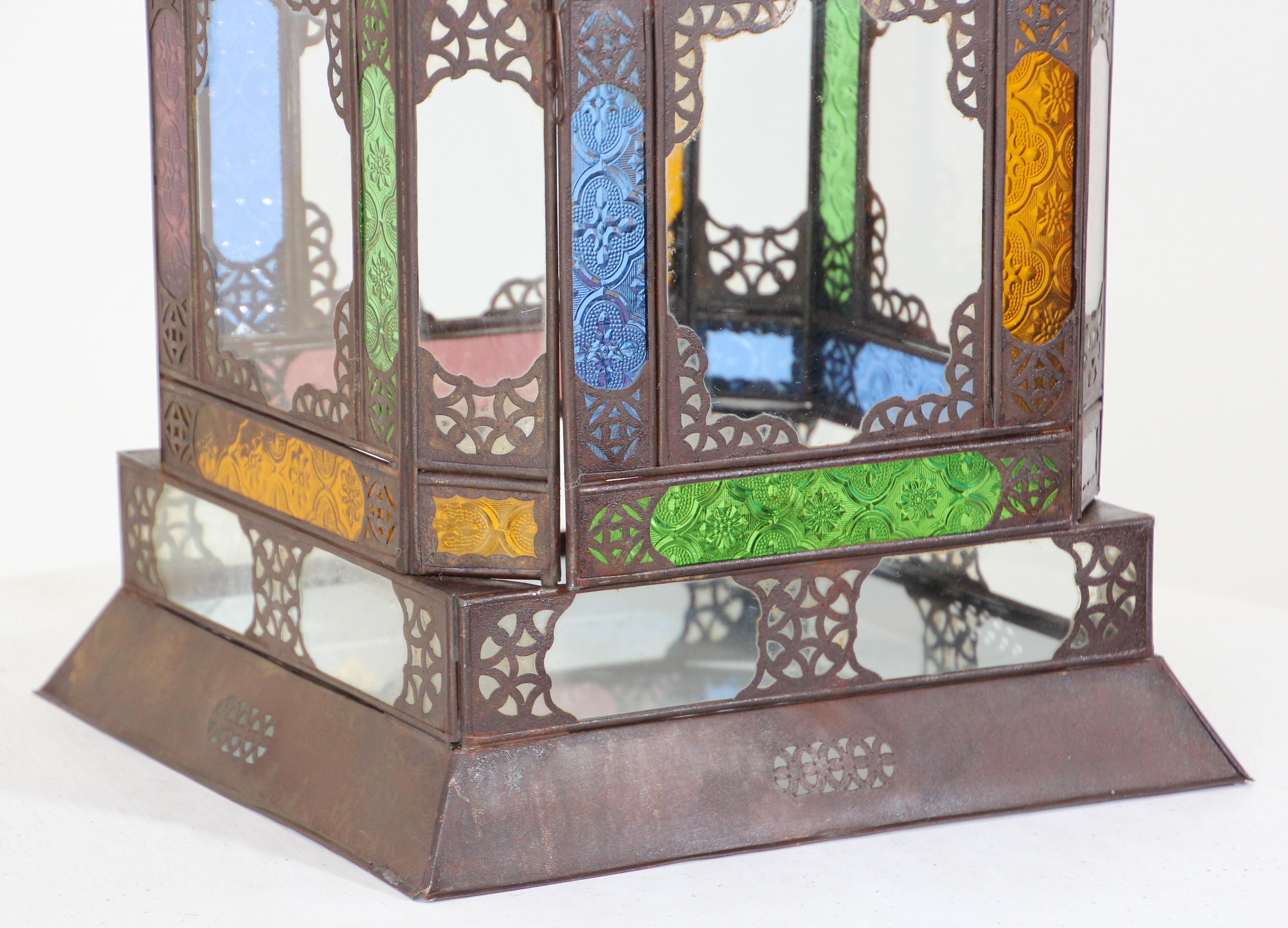 20th Century Moroccan Metal Lantern with Multicolor Glass For Sale