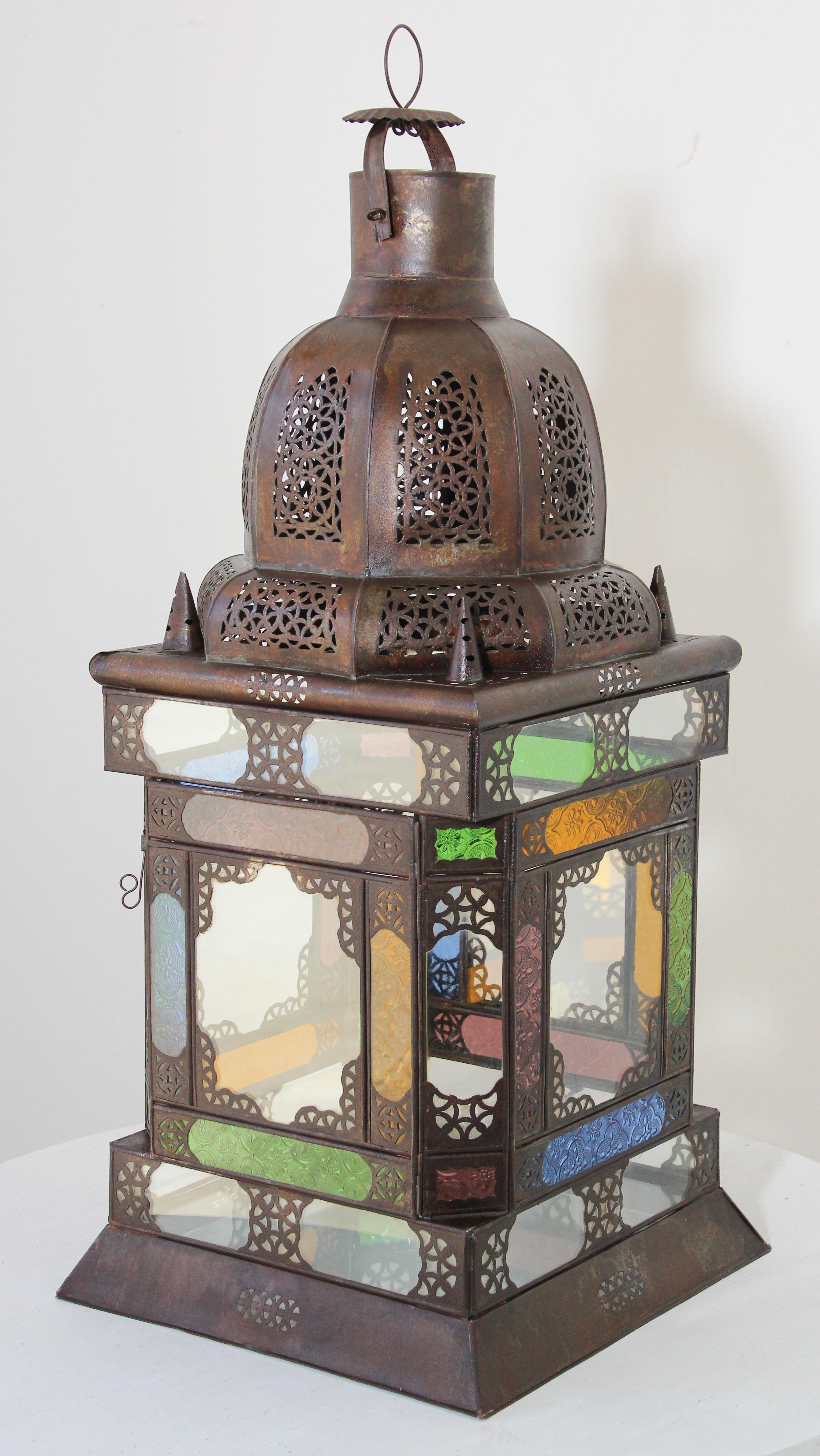 Moroccan Metal Lantern with Multicolor Glass For Sale 2