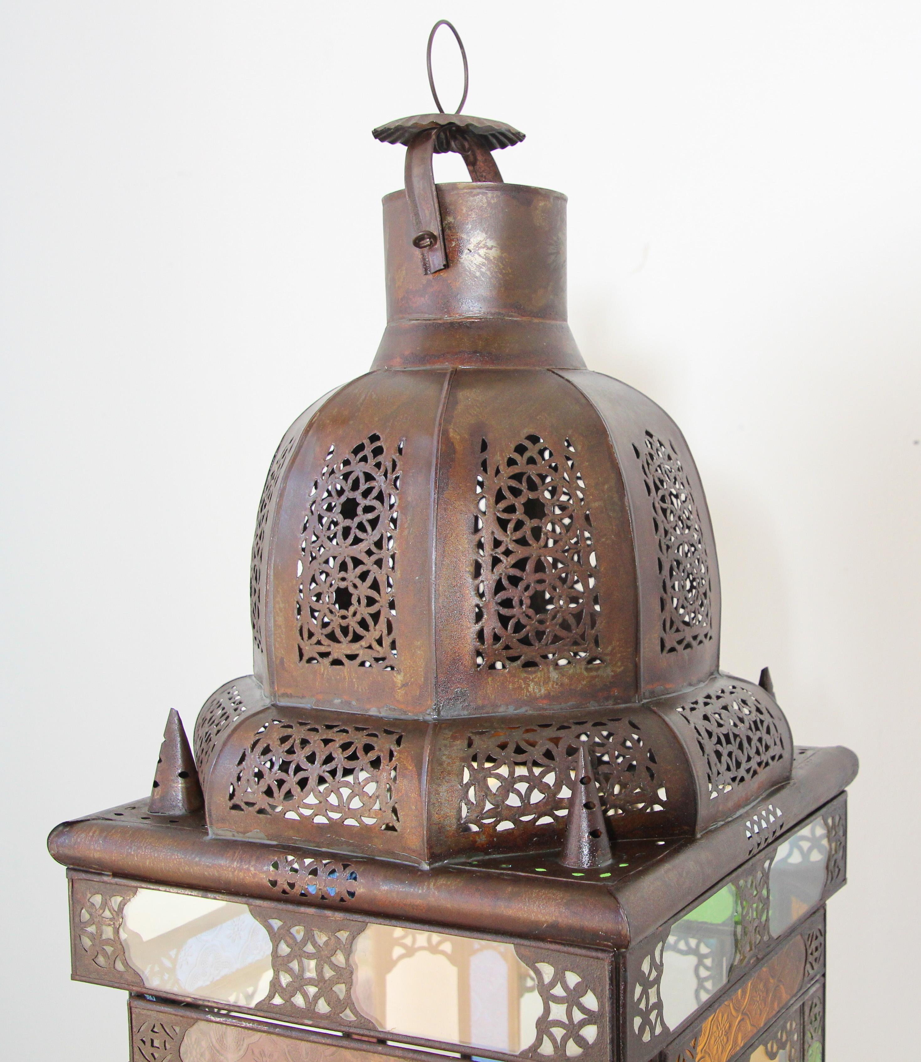 Moroccan Metal Lantern with Multicolor Glass For Sale 3