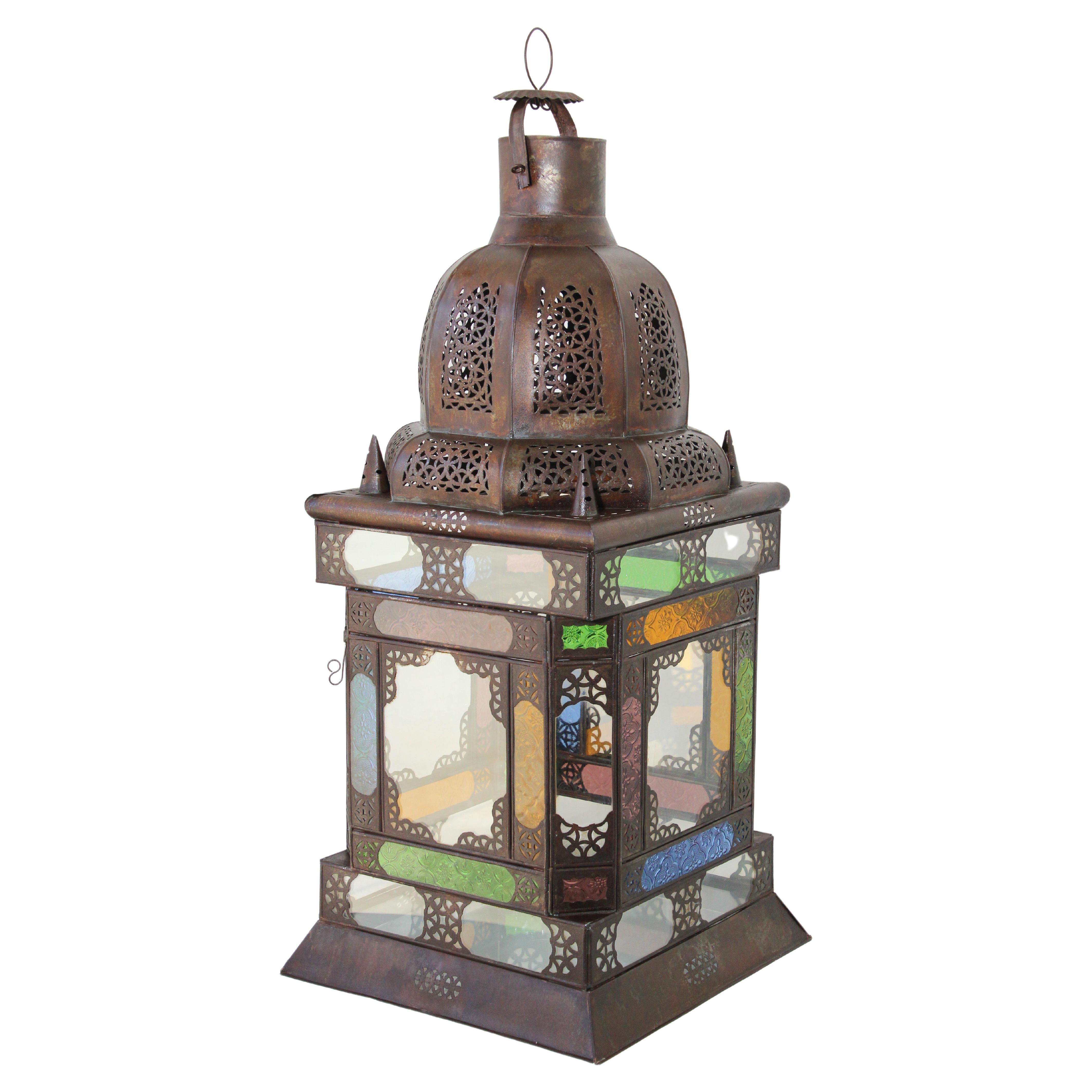 Moroccan Metal Lantern with Multicolor Glass For Sale